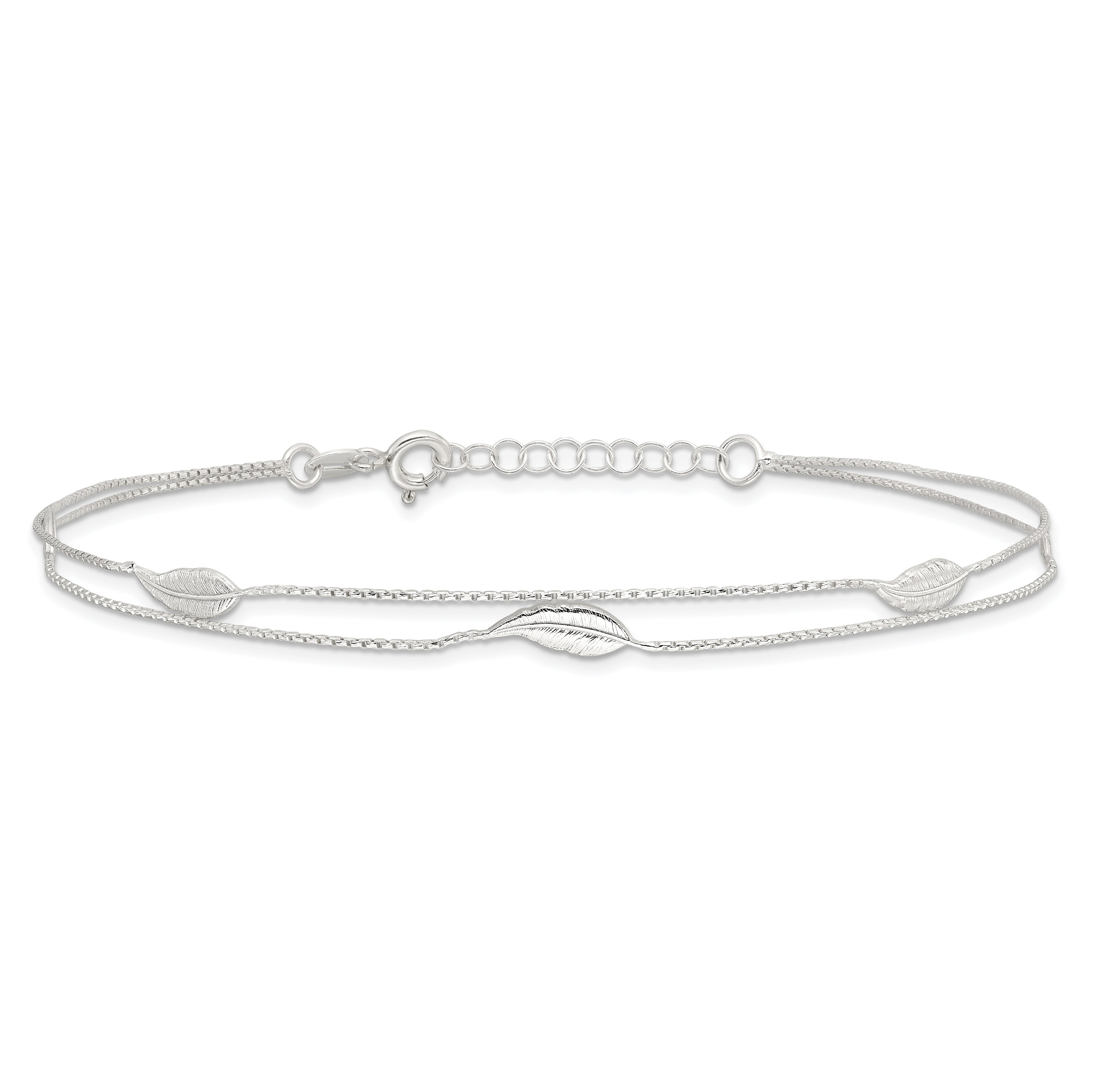 Sterling Silver 2-Strand Feathers 10 inch Plus 1 inch Extender - Total 11 inch Anklet