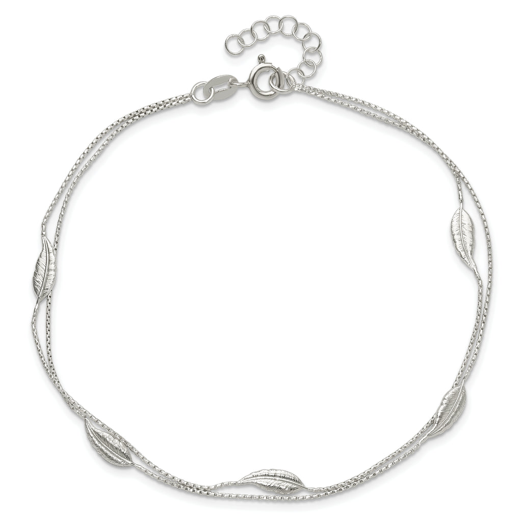 Sterling Silver 2-Strand Feathers 10 inch Plus 1 inch Extender - Total 11 inch Anklet