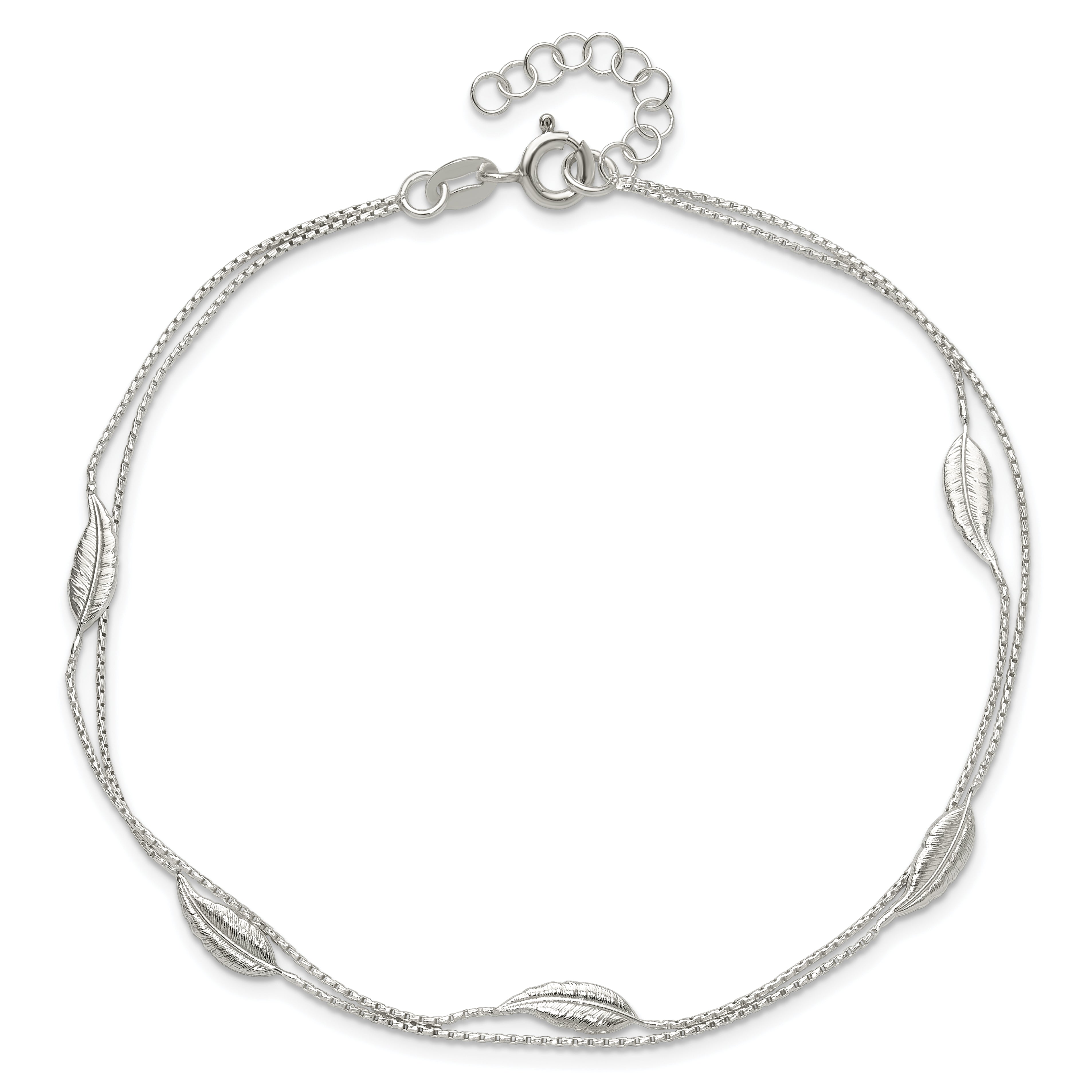 Sterling Silver 2-Strand Feathers 10 inch Plus 1 inch Extender - Total 11 inch Anklet