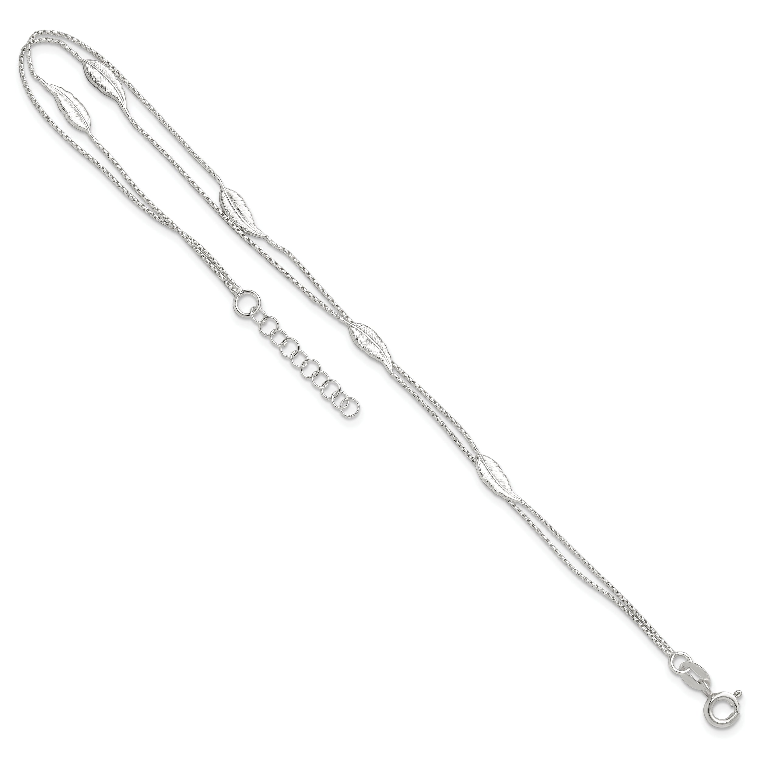 Sterling Silver 2-Strand Feathers 9 inch Plus 1 inch Extender - Total 10 inch Anklet