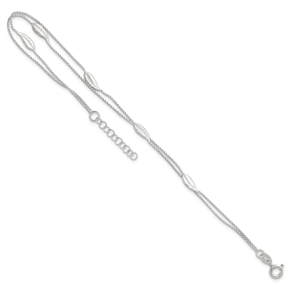 Sterling Silver 2-Strand Feathers 9 inch Plus 1 inch Extender - Total 10 inch Anklet