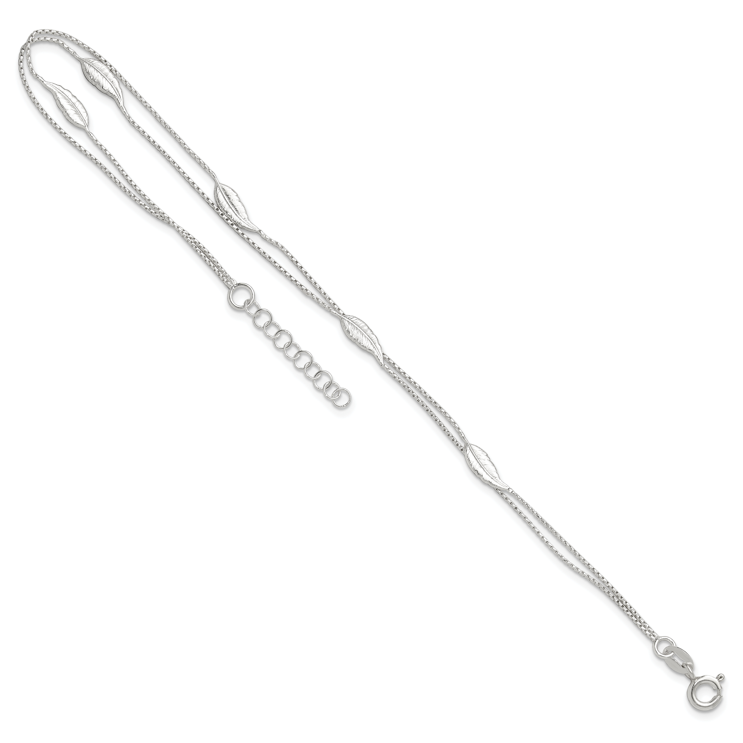 Sterling Silver 2-Strand Feathers 9 inch Plus 1 inch Extender - Total 10 inch Anklet