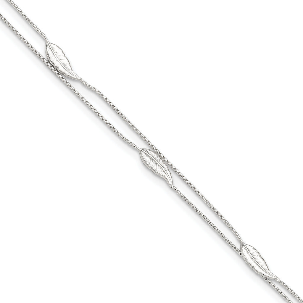Sterling Silver 2-Strand Feathers 10 inch Plus 1 inch Extender - Total 11 inch Anklet