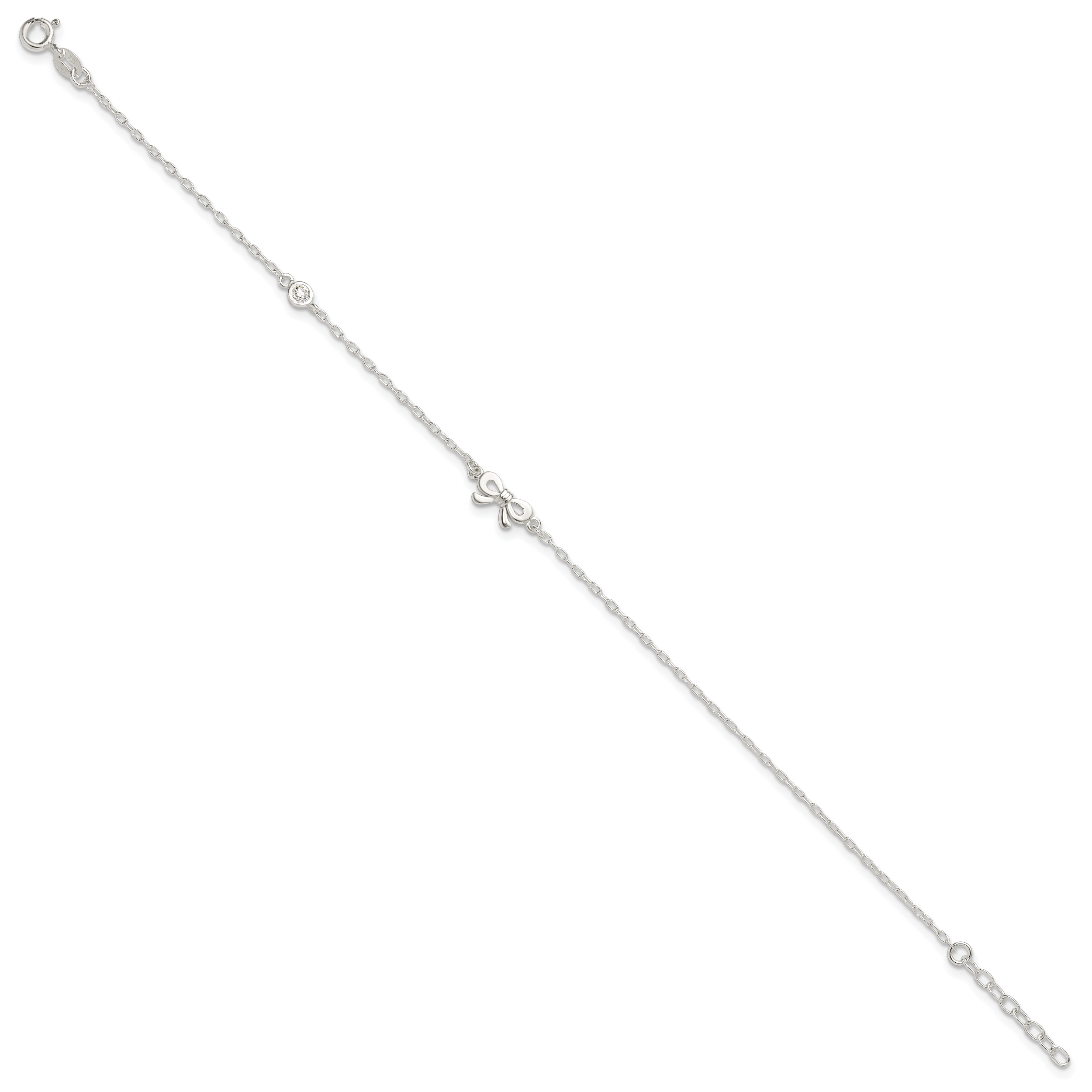 Sterling Silver CZ and Bow 9 inch Plus 1 inch Extender - Total 10 inch Anklet