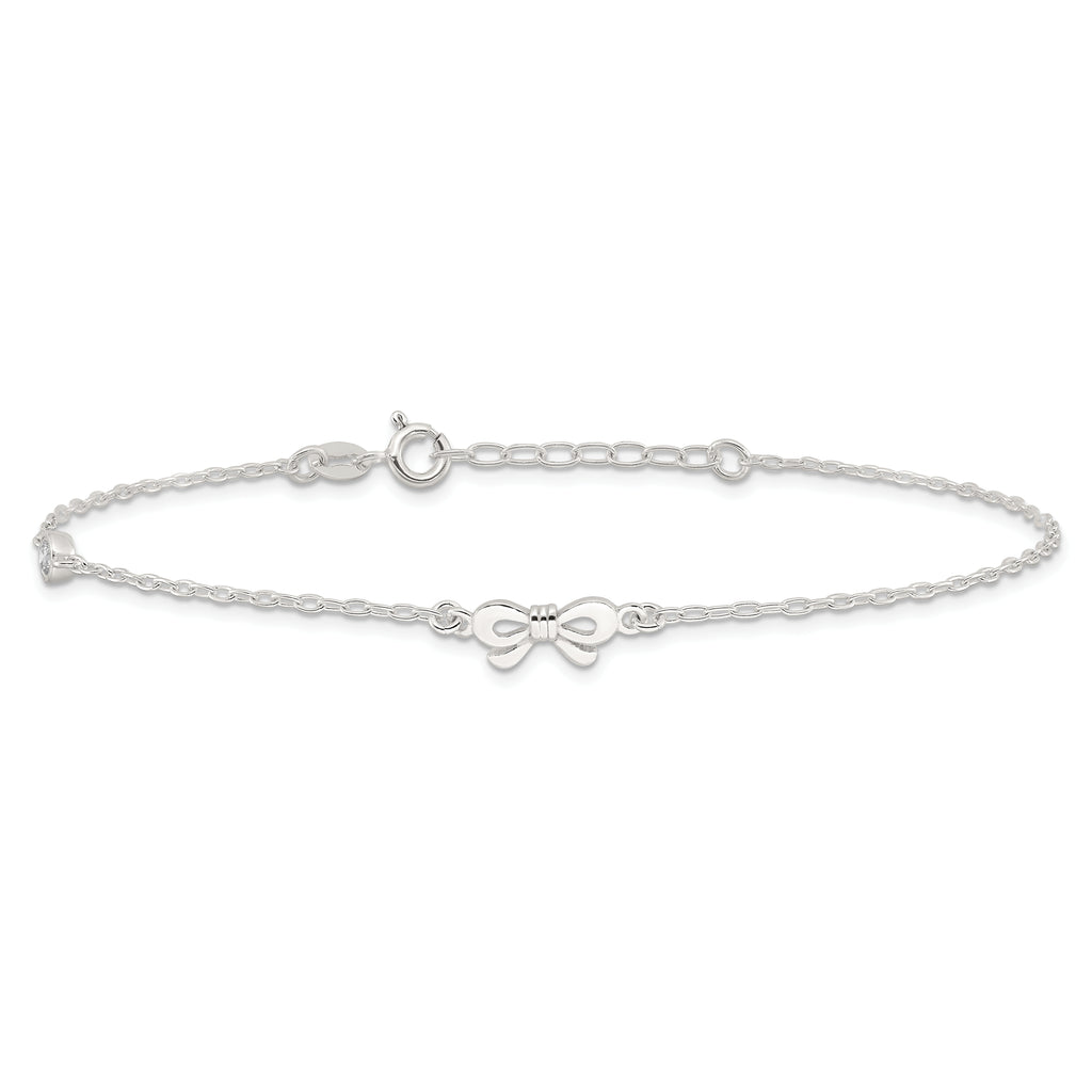 Sterling Silver CZ and Bow 9 inch Plus 1 inch Extender - Total 10 inch Anklet