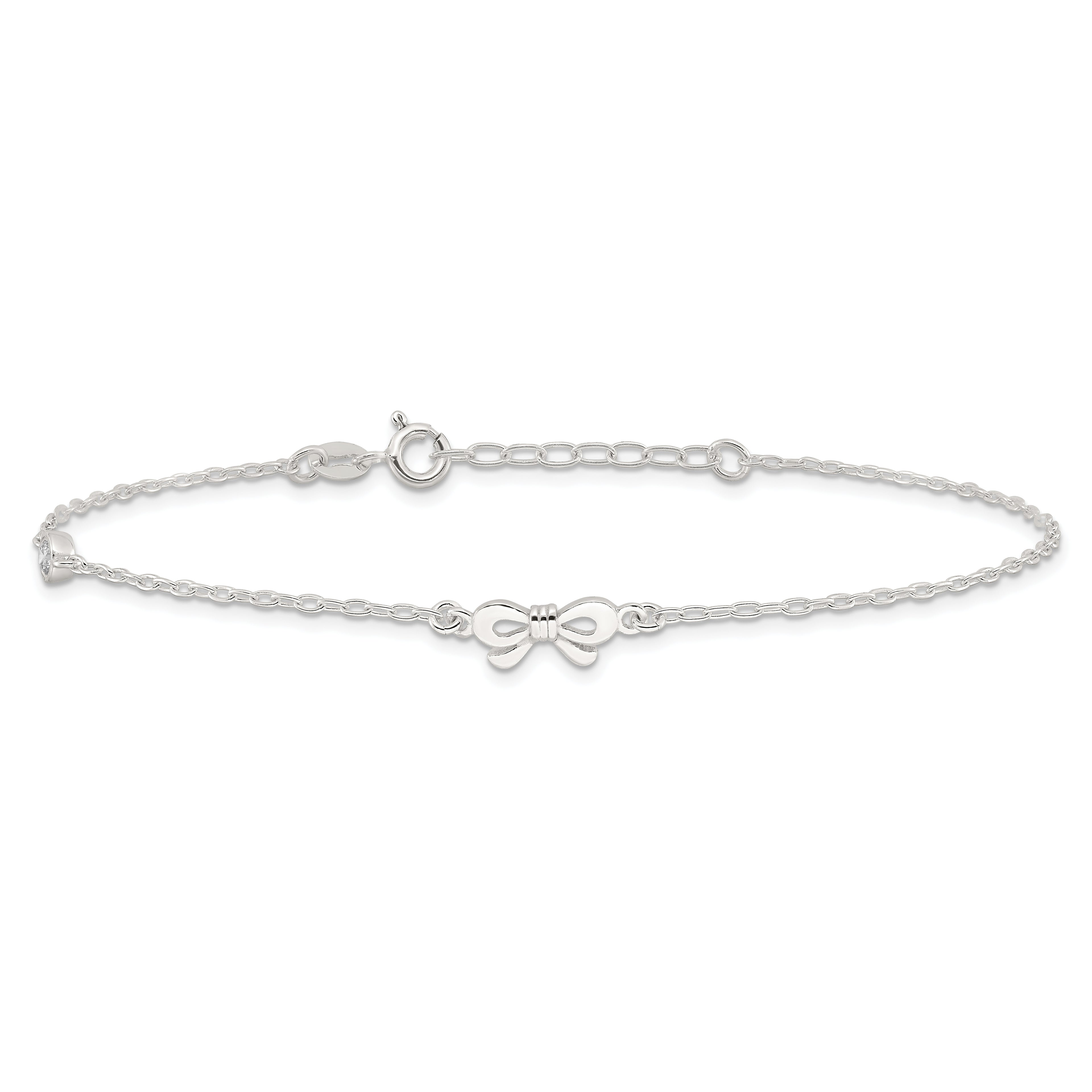 Sterling Silver CZ and Bow 9 inch Plus 1 inch Extender - Total 10 inch Anklet