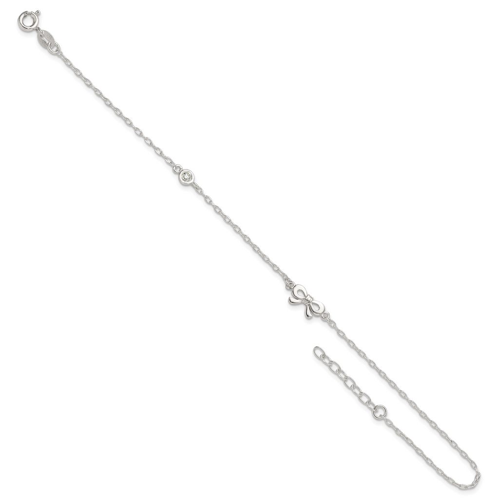 Sterling Silver CZ and Bow 9 inch Plus 1 inch Extender - Total 10 inch Anklet
