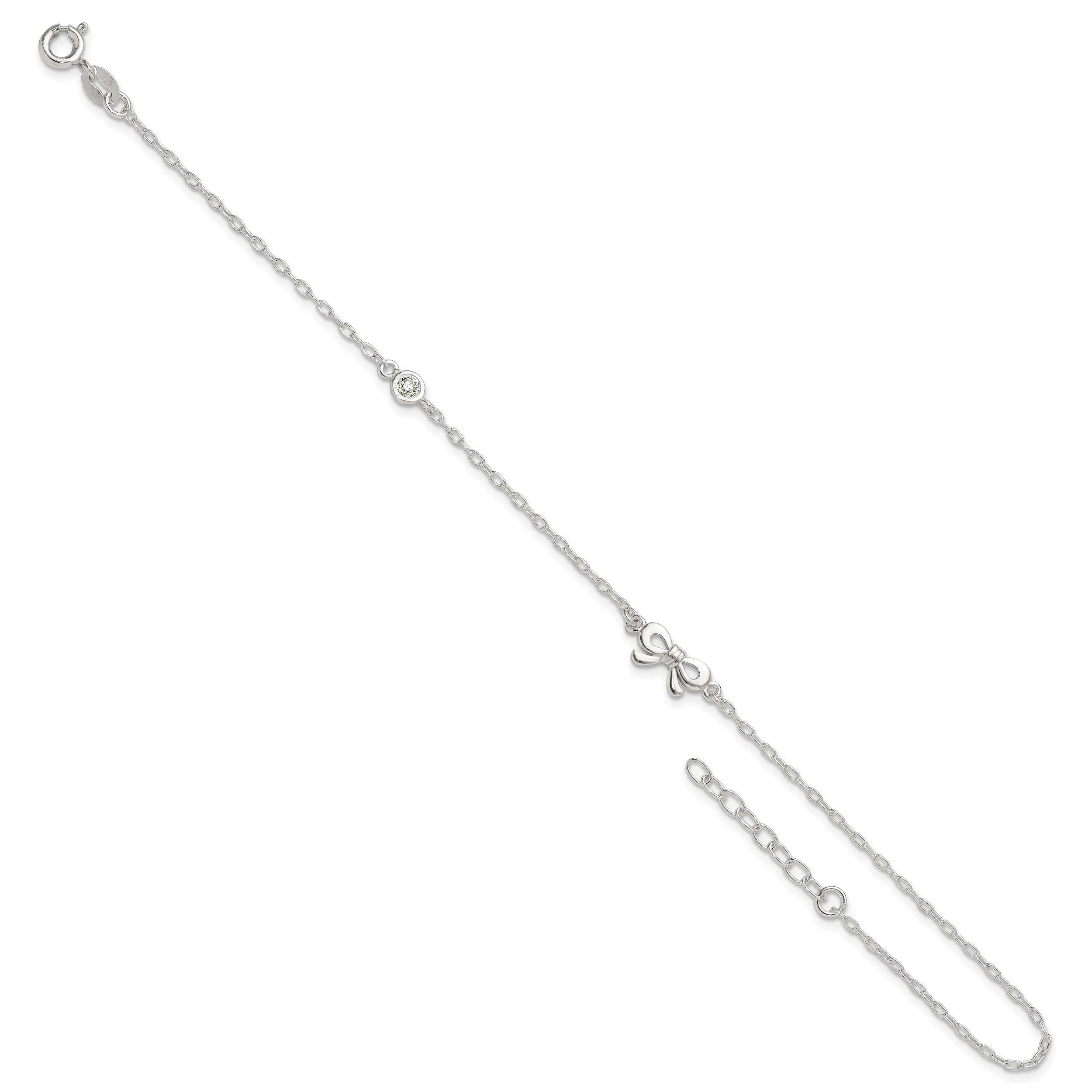 Sterling Silver CZ and Bow 9 inch Plus 1 inch Extender - Total 10 inch Anklet