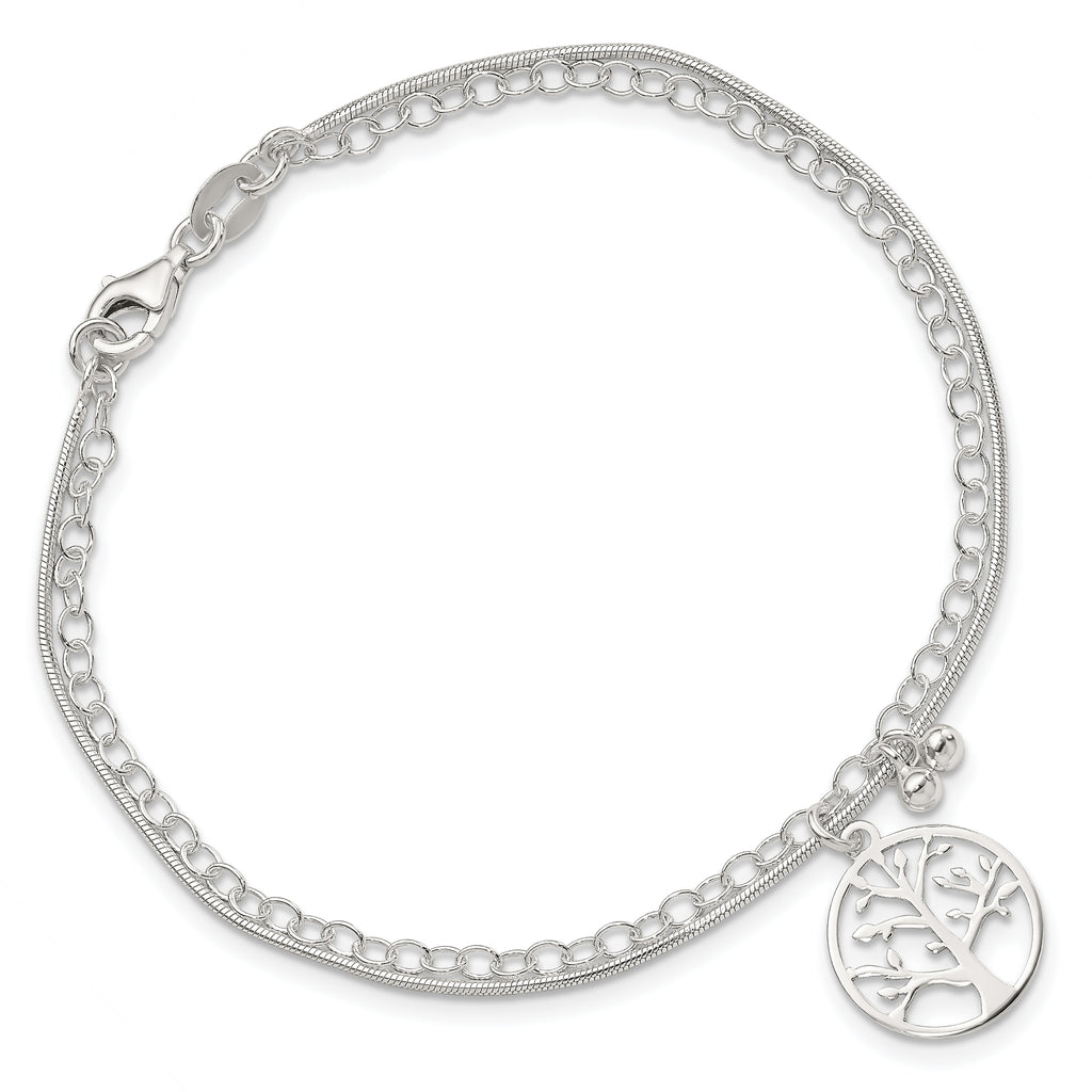 Sterling Silver Polished 2-strand Tree of Life and Beads 7.5 inch Bracelet