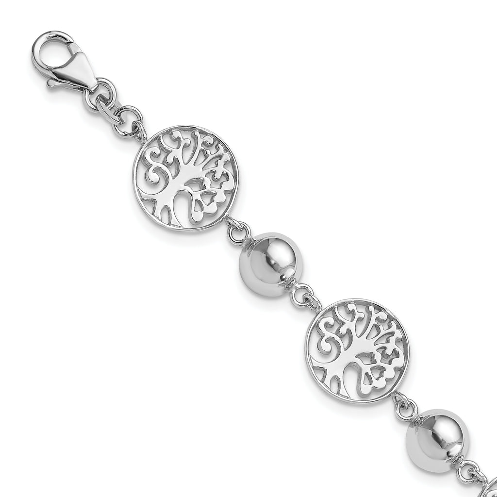 Sterling Silver Rhod-plated Round Tree and Circle With 1in ext. Bracelet