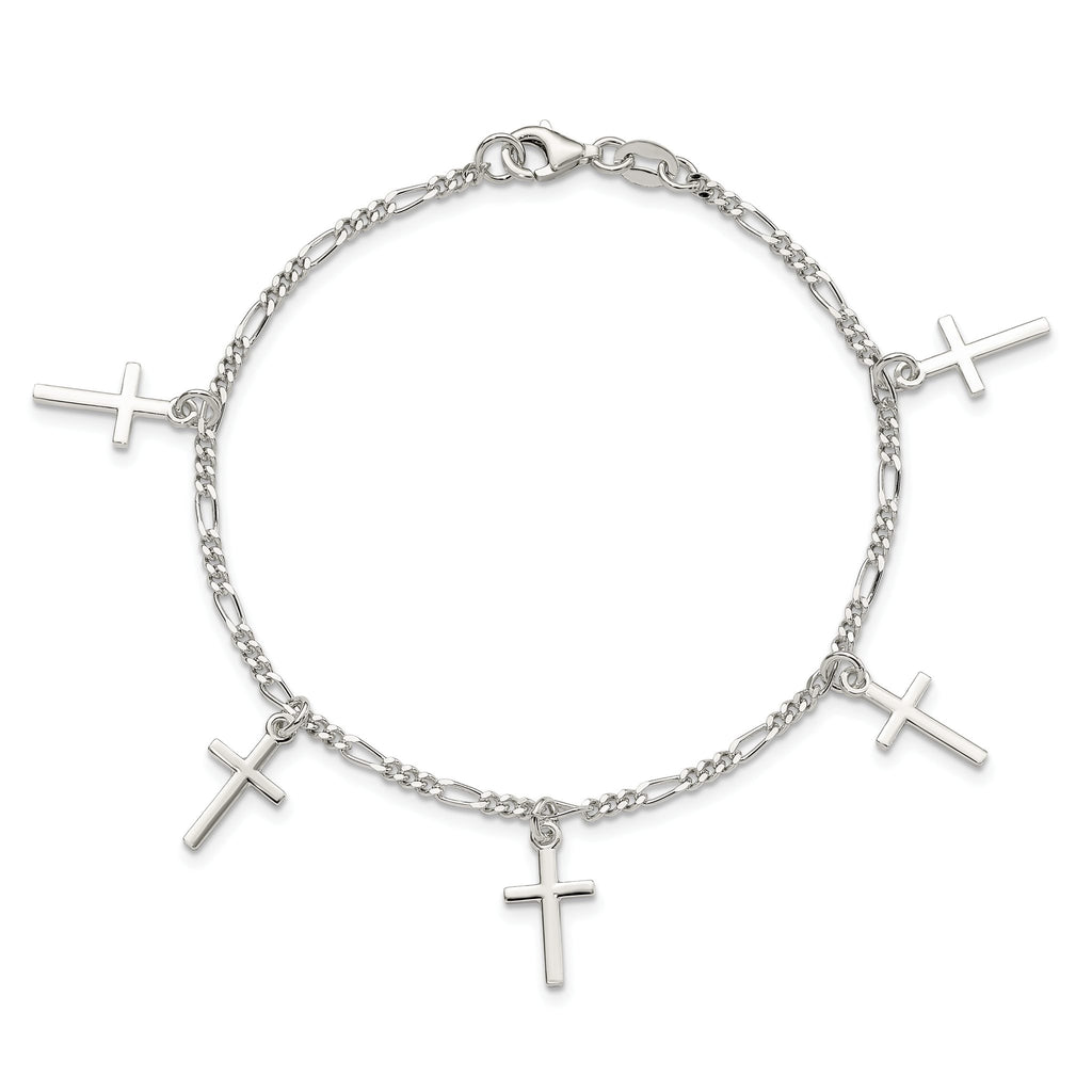 Cross Station Figaro Bracelet in Sterling Silver, 2mm, 7.5 Inch - Sophia Jewelers