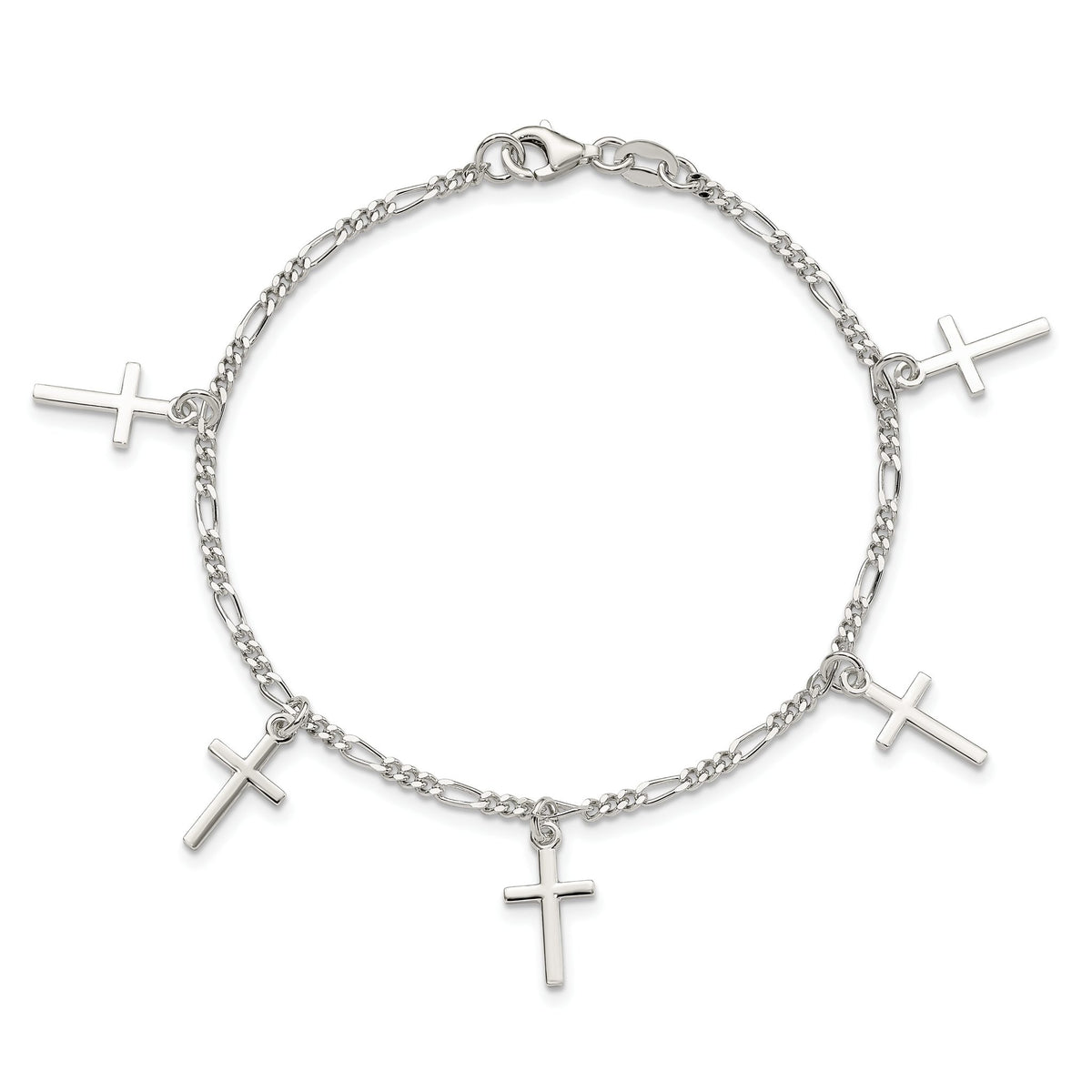 Cross Station Figaro Bracelet in Sterling Silver, 2mm, 7.5 Inch - Sophia Jewelers