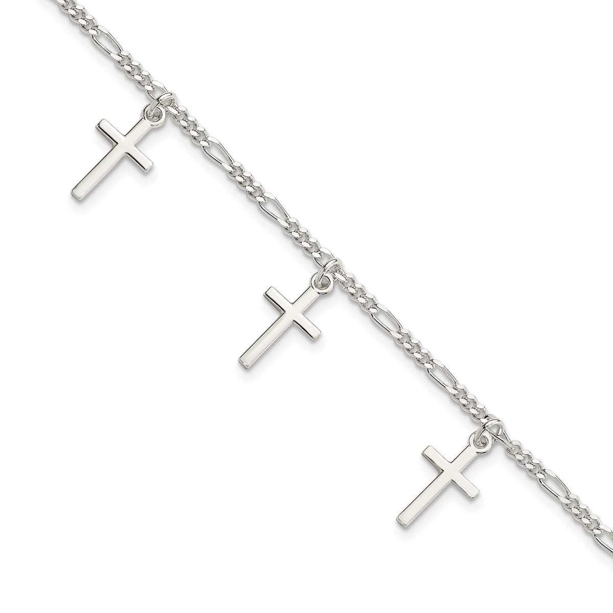 Cross Station Figaro Bracelet in Sterling Silver, 2mm, 7.5 Inch - Sophia Jewelers Main image