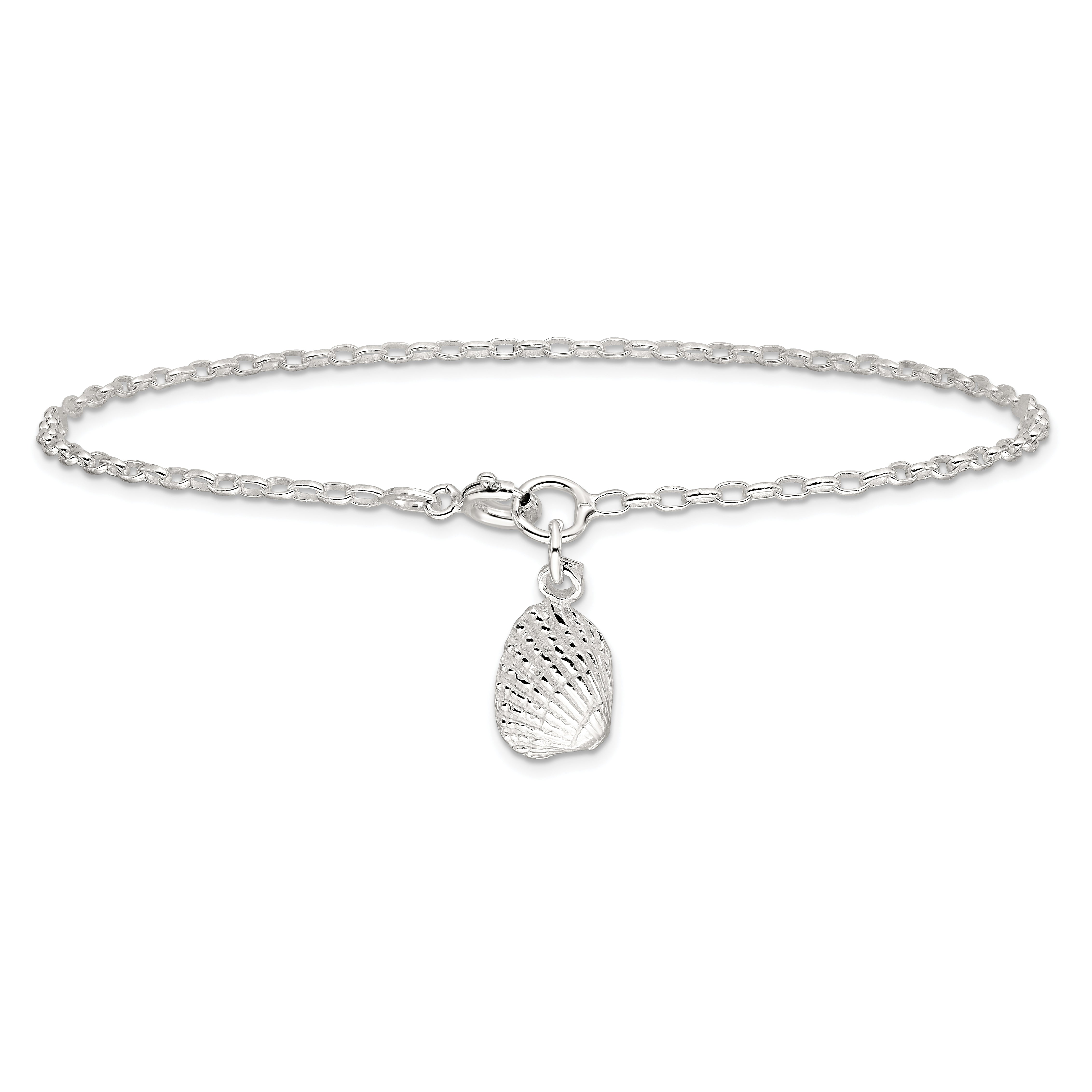 Sterling Silver 10inch Solid Polished 3-D Shell Anklet