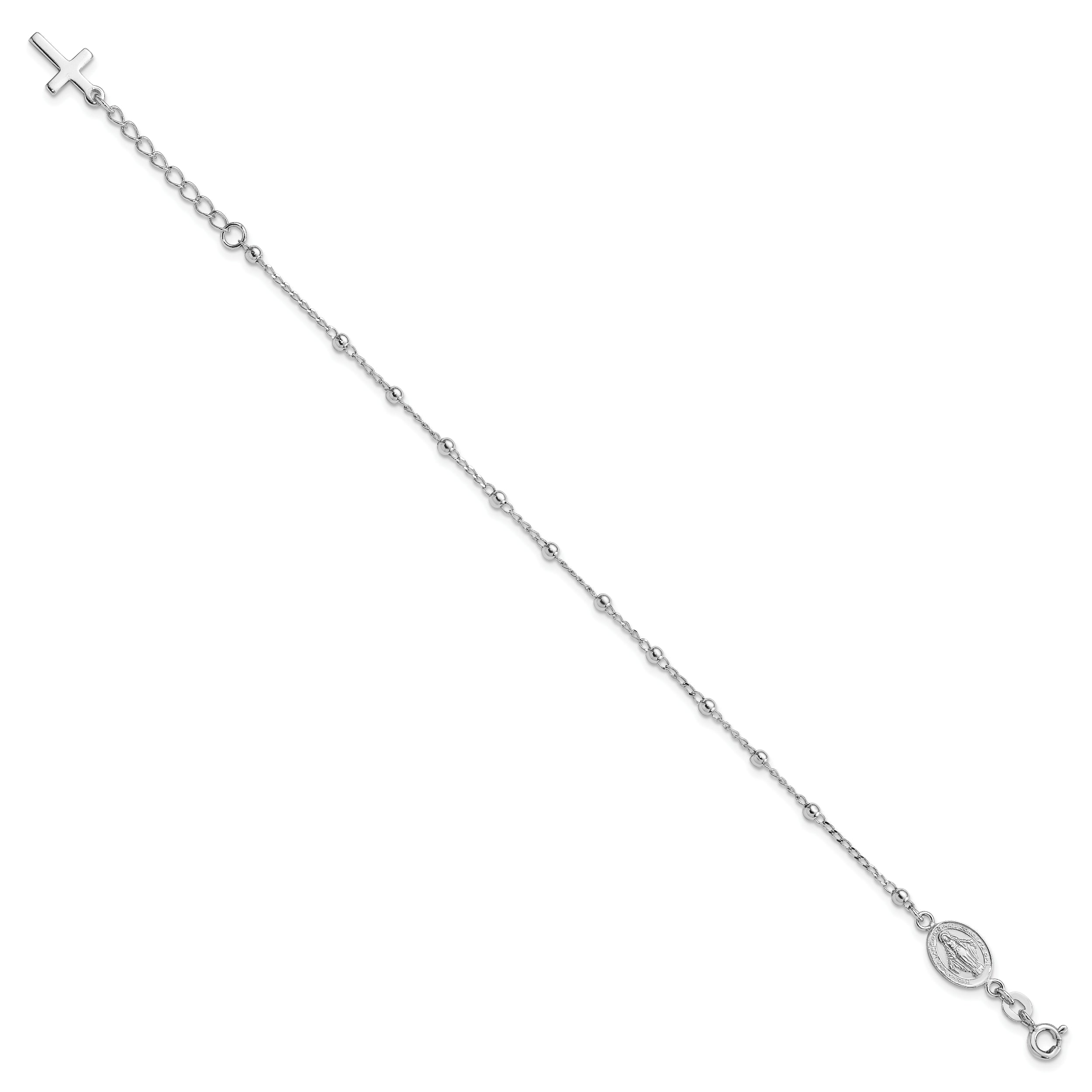 Sterling Silver Rhod-pltd Miraculous Medal/Cross With 1in ext. Bracelet