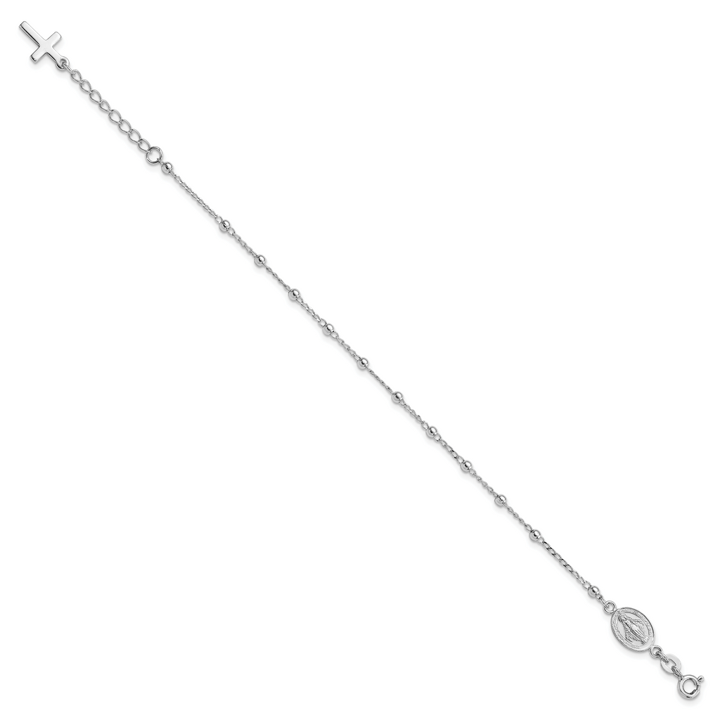 Sterling Silver Rhod-pltd Miraculous Medal/Cross With 1in ext. Bracelet
