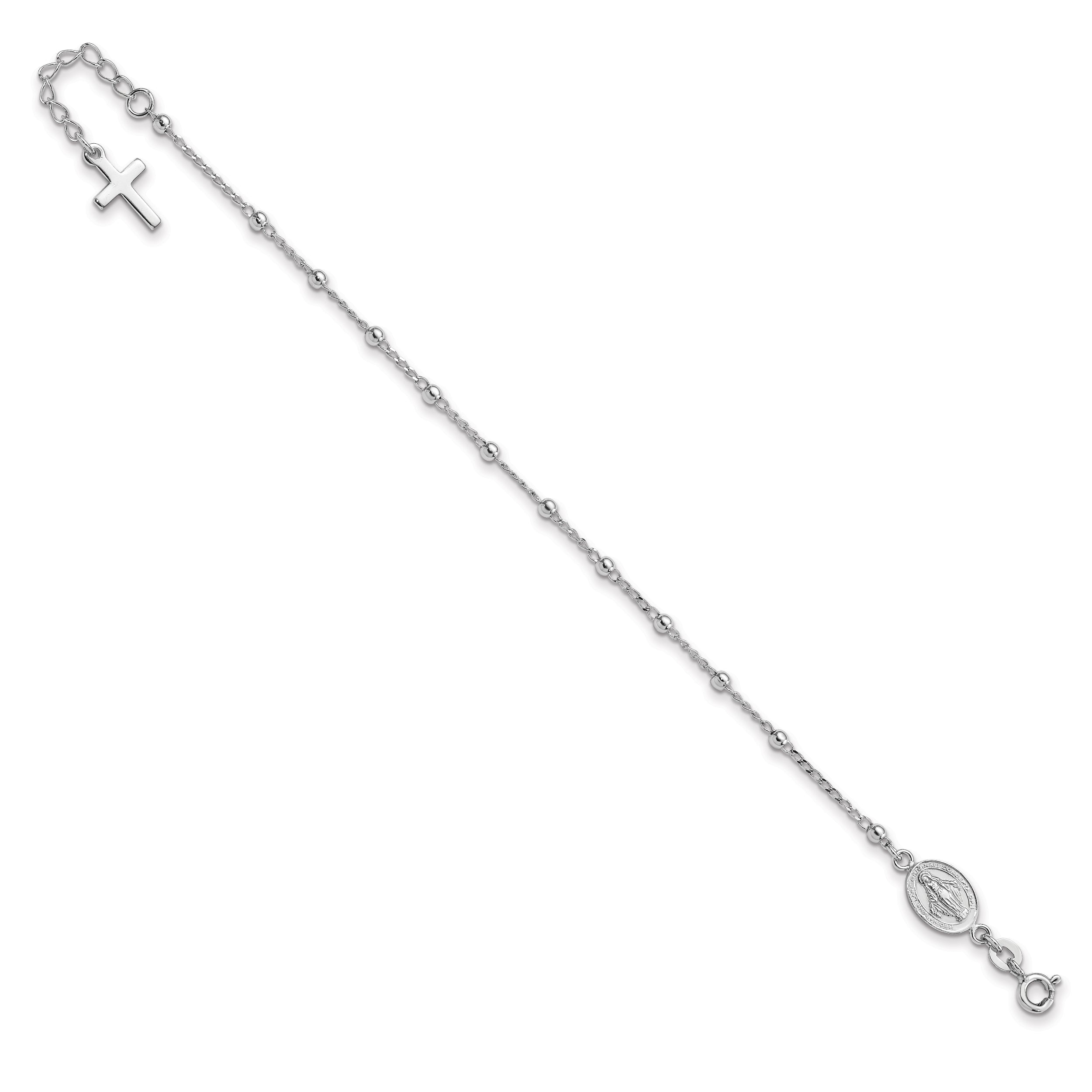 Sterling Silver Rhod-pltd Miraculous Medal/Cross With 1in ext. Bracelet