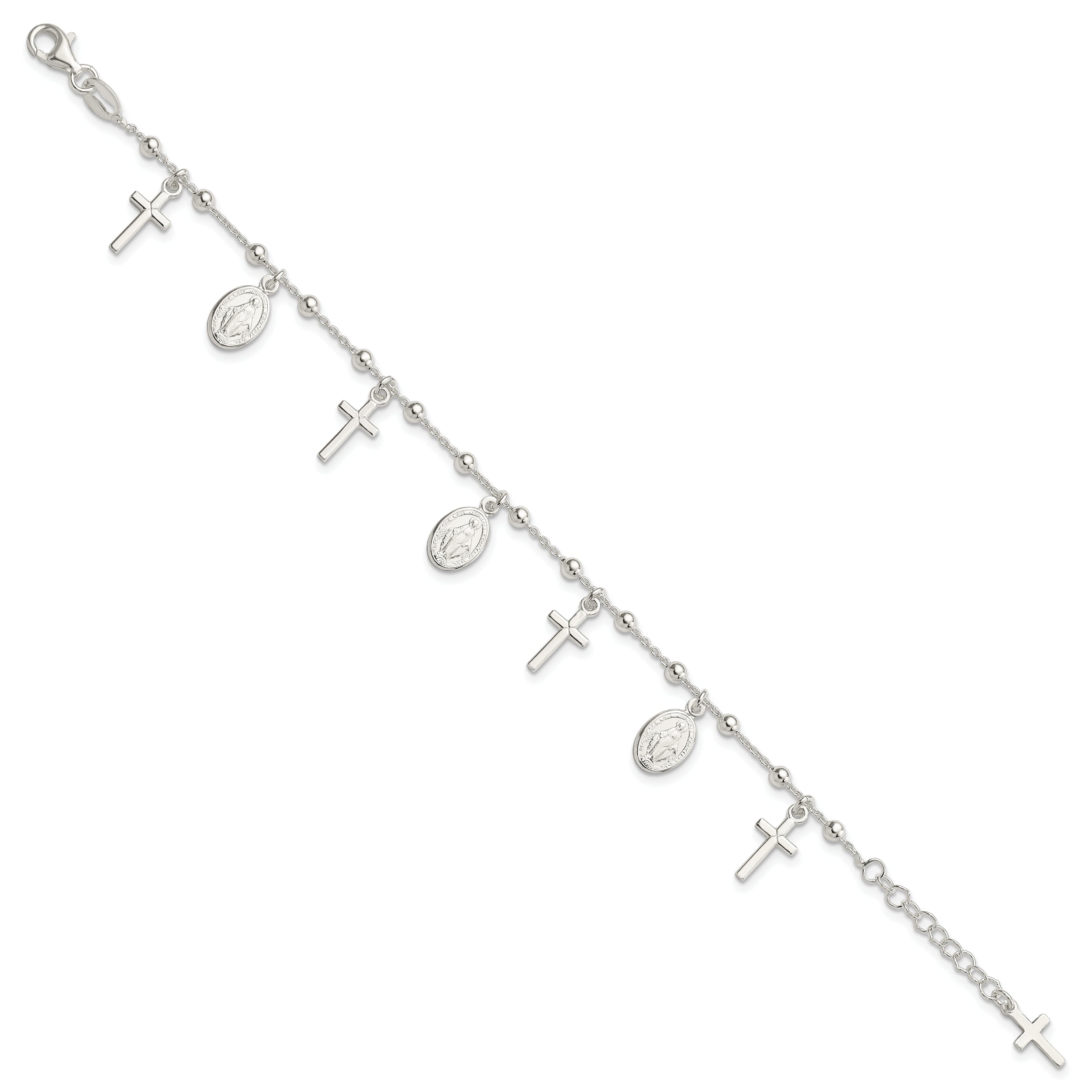 Sterling Silver Polished With 1in ext Cross Miraculous Medal Bracelet