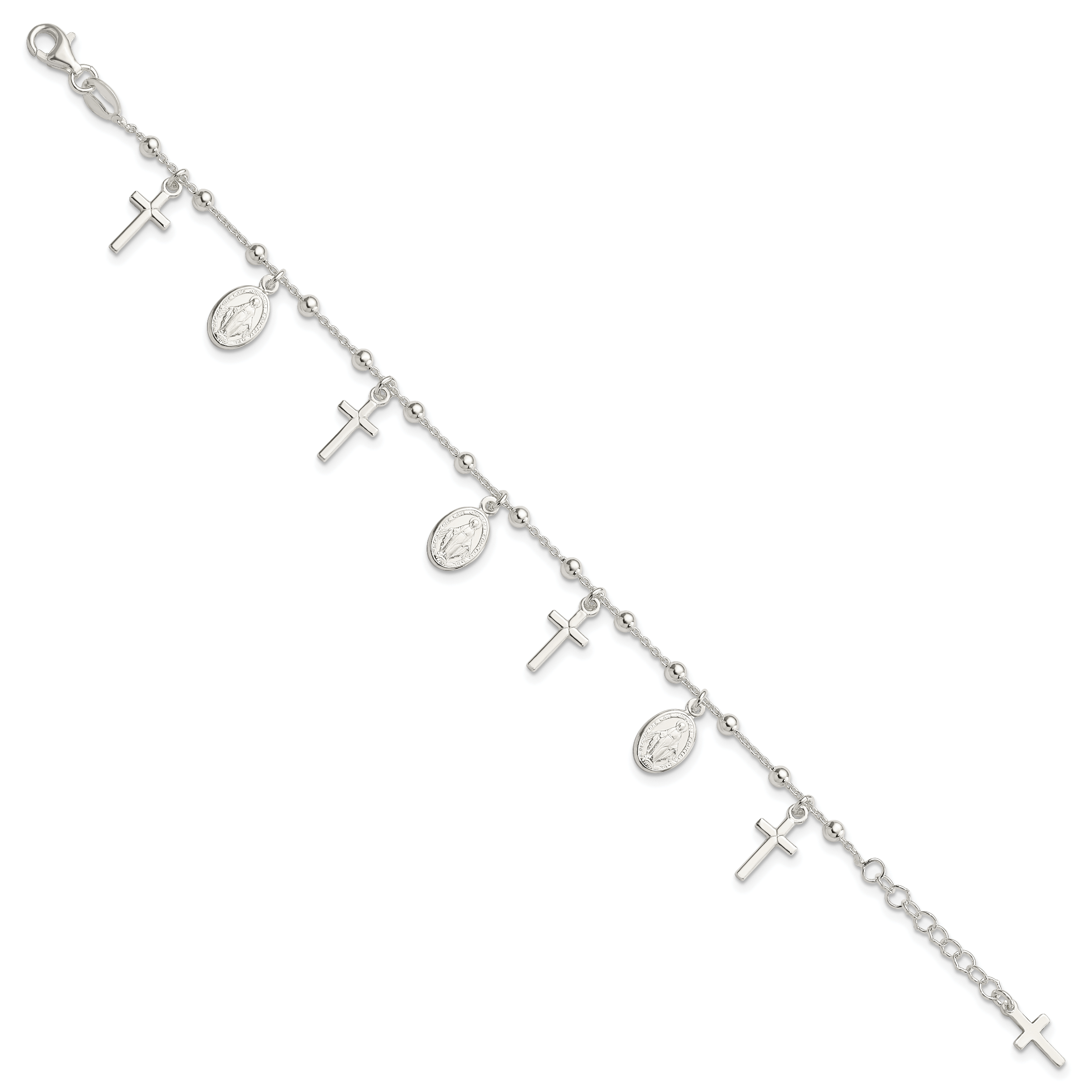 Sterling Silver Polished With 1in ext Cross Miraculous Medal Bracelet Secondary image