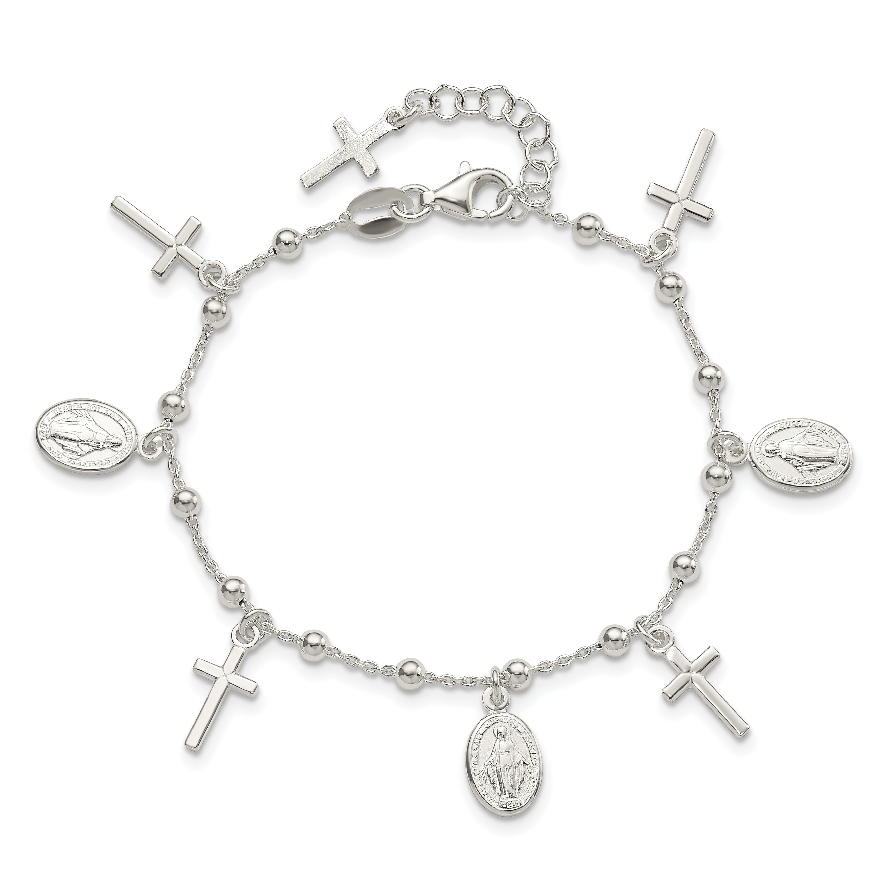 Sterling Silver Polished With 1in ext Cross Miraculous Medal Bracelet