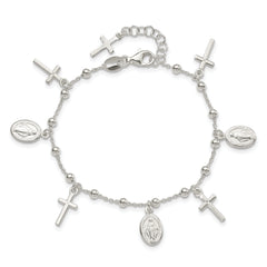 Sterling Silver Polished With 1in ext Cross Miraculous Medal Bracelet