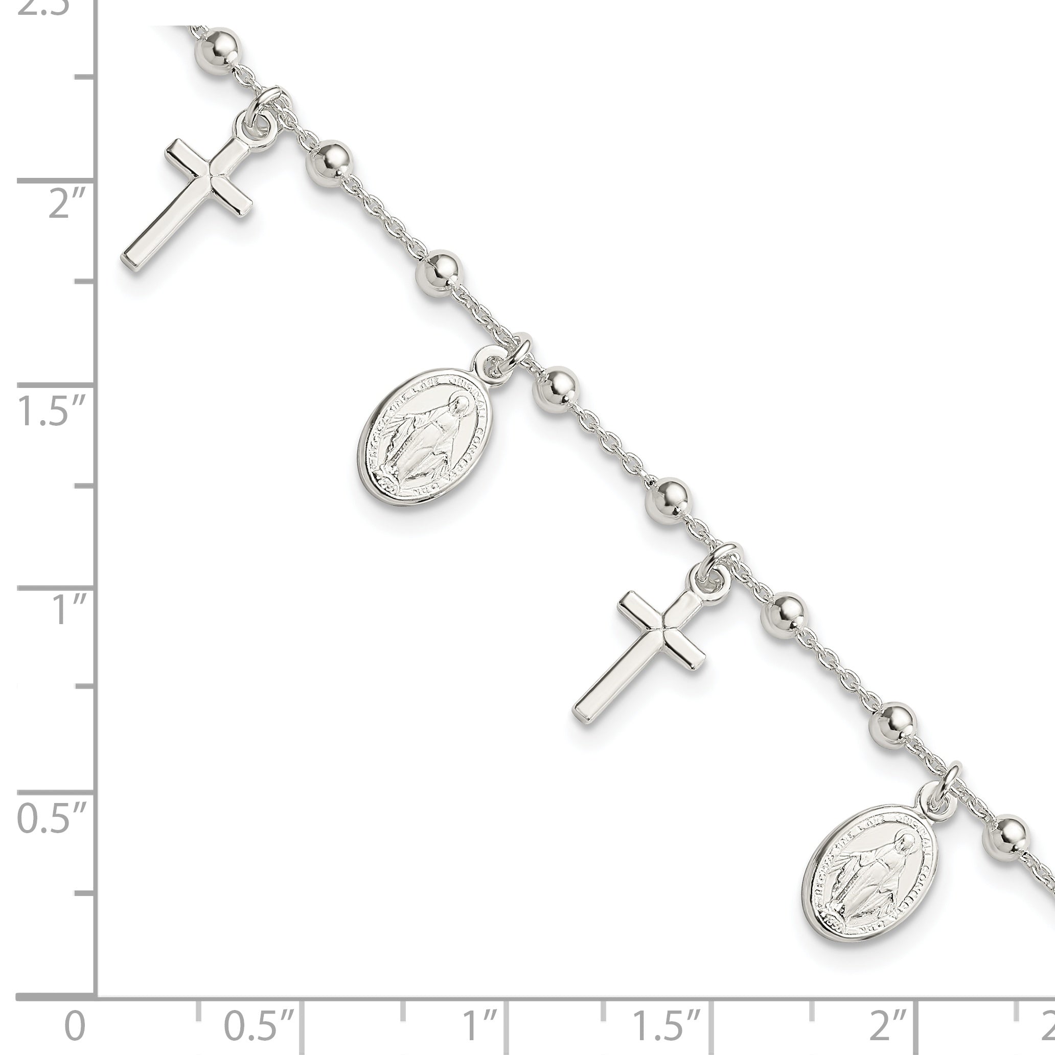 Sterling Silver Polished With 1in ext Cross Miraculous Medal Bracelet