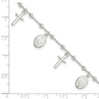 Sterling Silver Polished With 1in ext Cross Miraculous Medal Bracelet