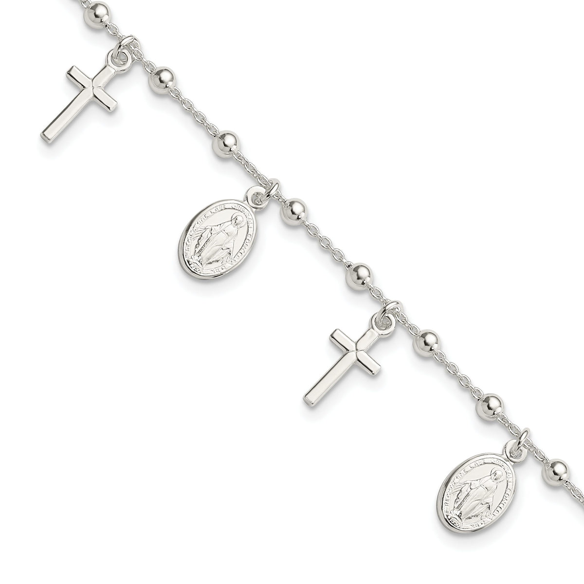 Cross & Miraculous Medal Charm Bracelet in Sterling Silver, 6.2 Inch - Sophia Jewelers Main image