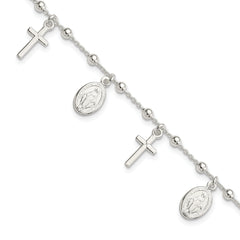Sterling Silver Polished With 1in ext Cross Miraculous Medal Bracelet