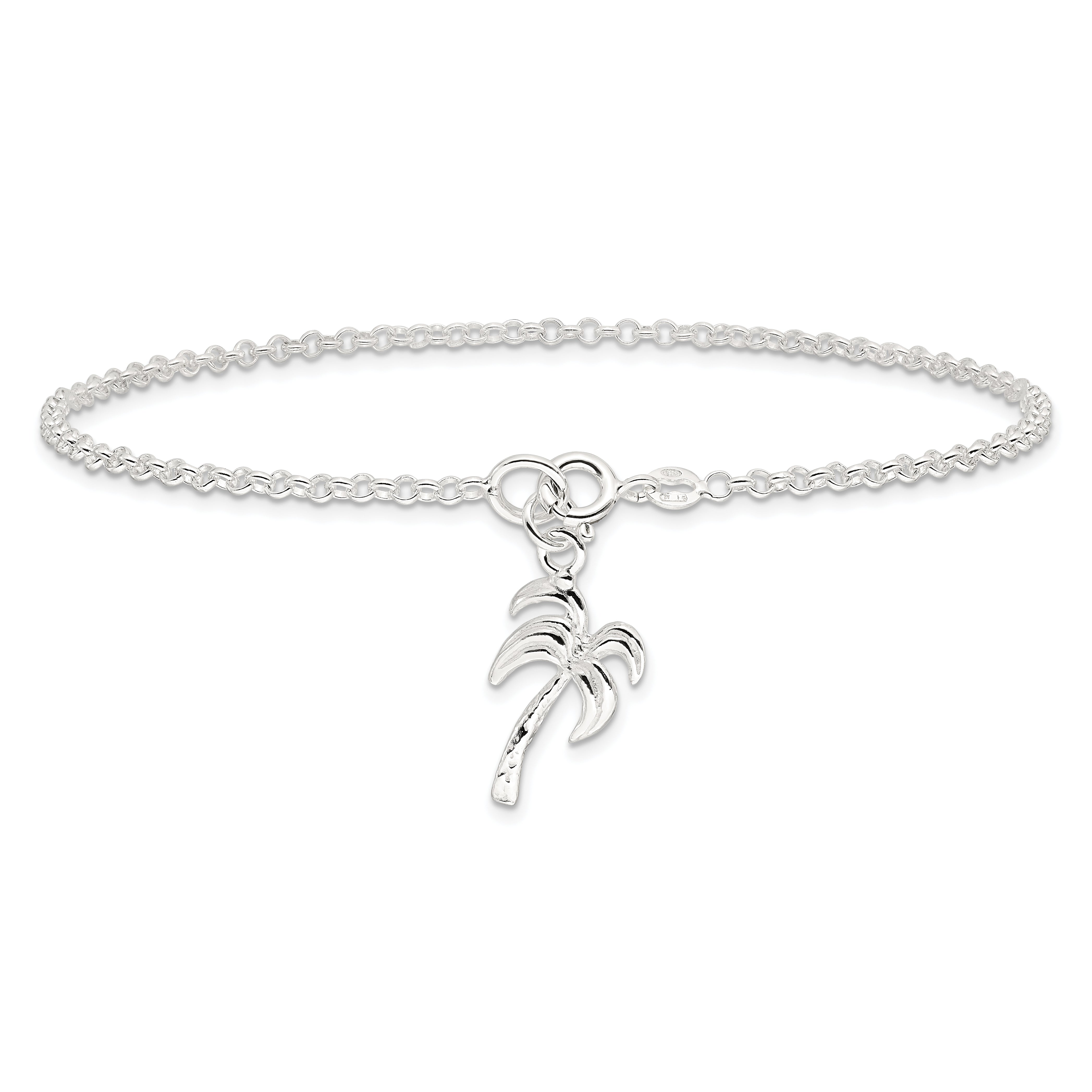 Sterling Silver 10inch Solid Polished Palm Tree Anklet