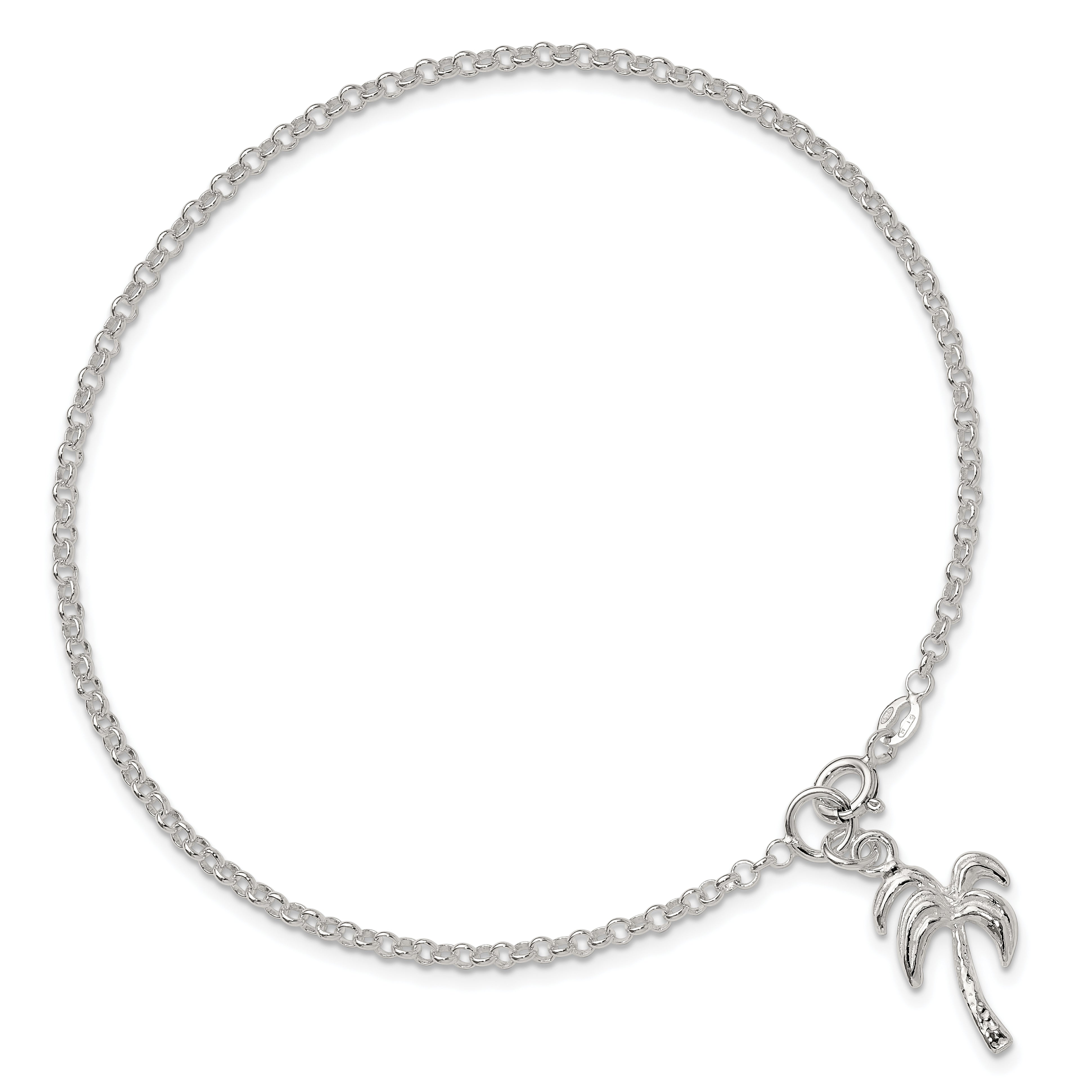 Sterling Silver 10inch Solid Polished Palm Tree Anklet