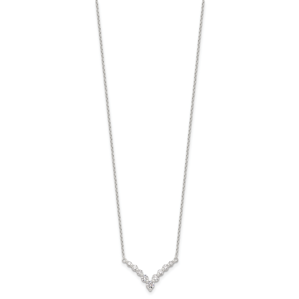 Sterling Silver Fancy-V Bar CZ  Necklace