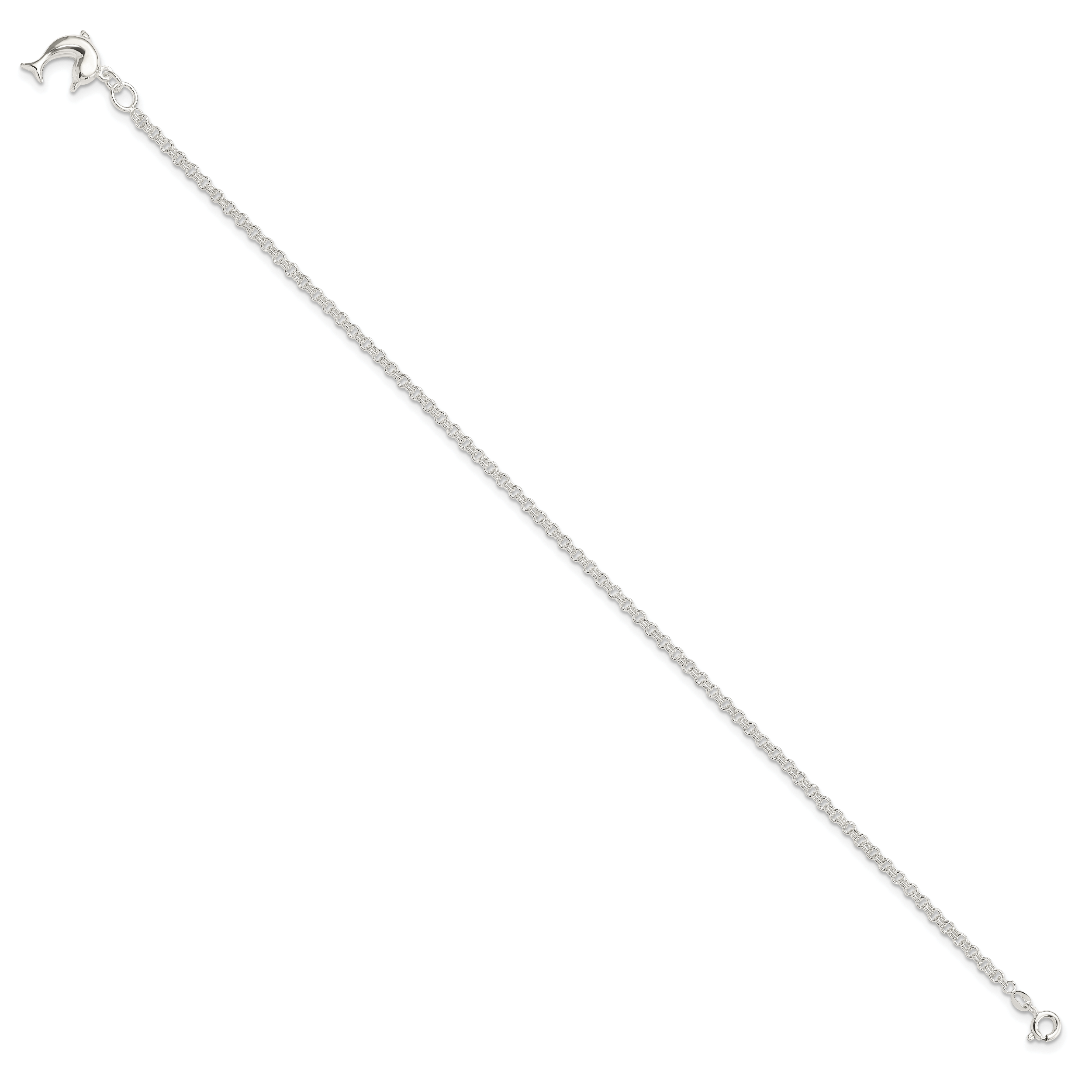 Sterling Silver 10inch Hollow Polished 3-D Dolphin Anklet