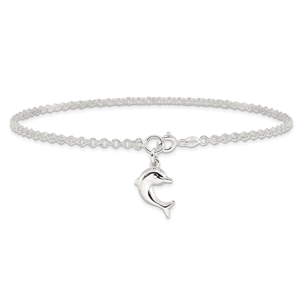 Sterling Silver 10inch Hollow Polished 3-D Dolphin Anklet