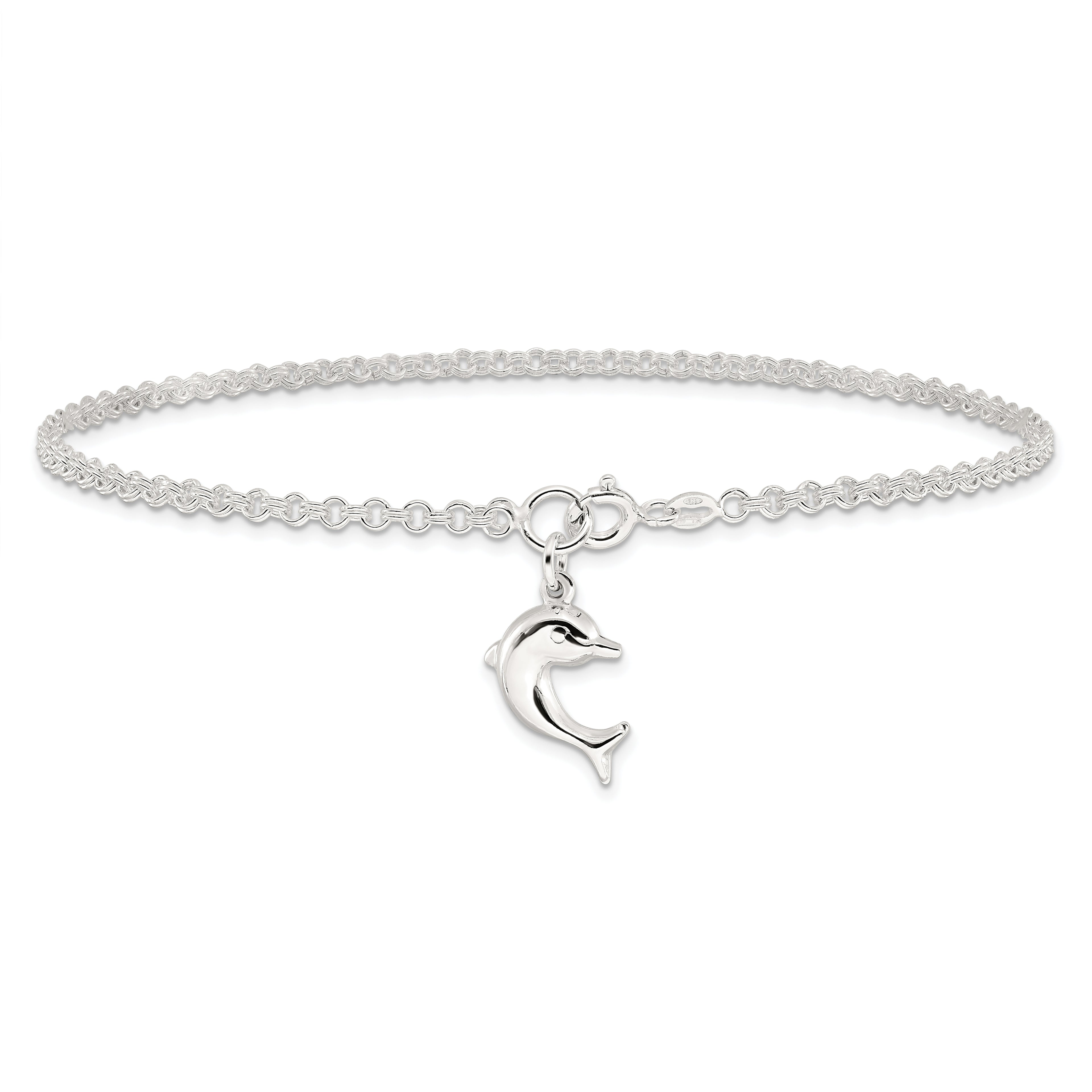 Sterling Silver 10inch Hollow Polished 3-D Dolphin Anklet