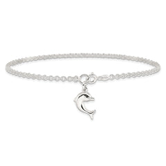 Sterling Silver 10inch Hollow Polished 3-D Dolphin Anklet