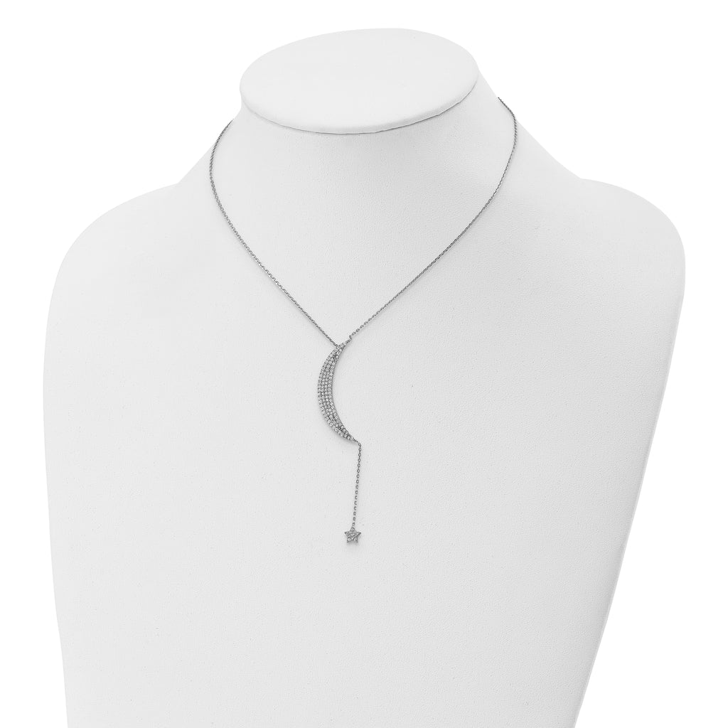 Sterling Silver Rhod-plated CZ Moon and Star With 2in ext. Necklace