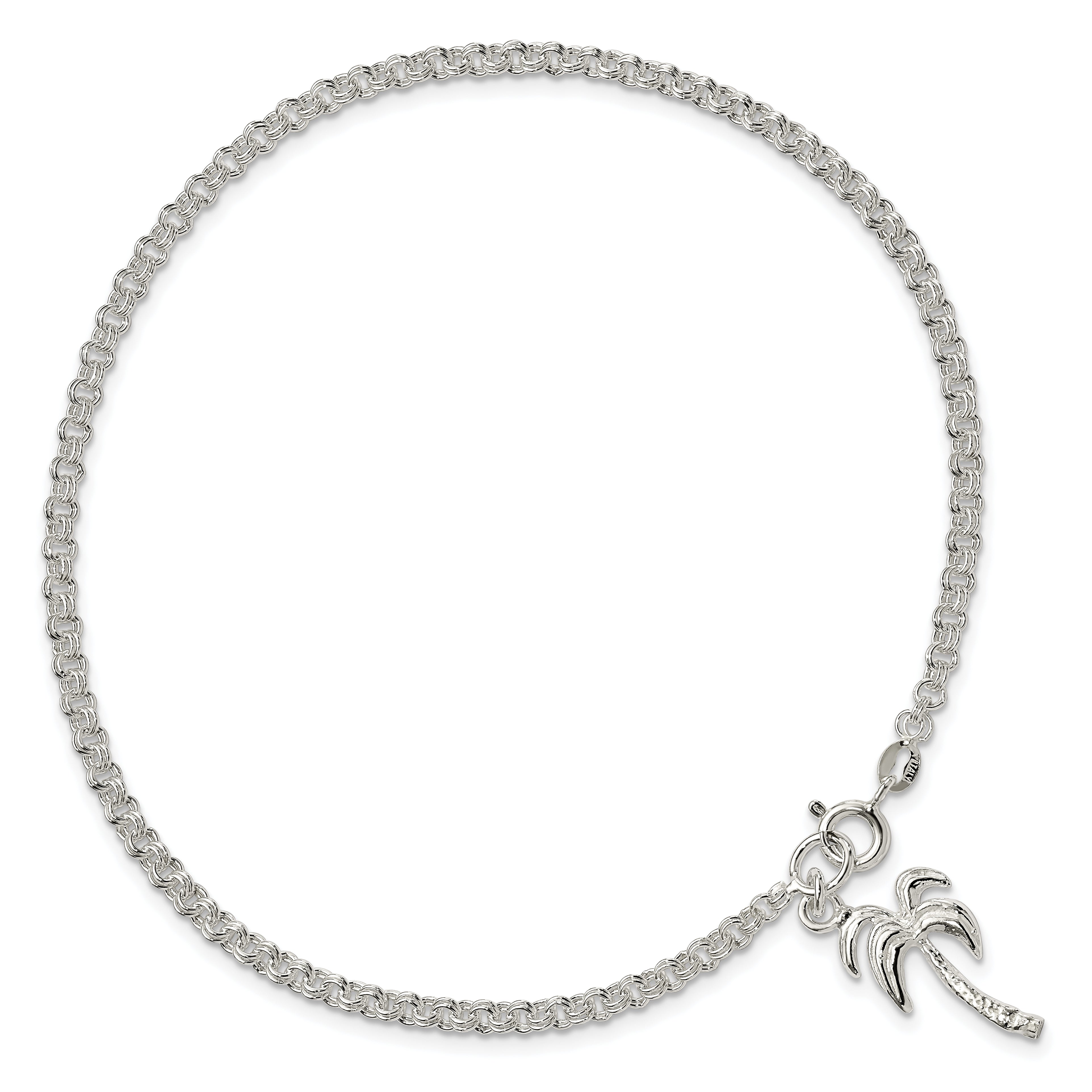 Sterling Silver 10inch Solid Polished Palm Tree Anklet