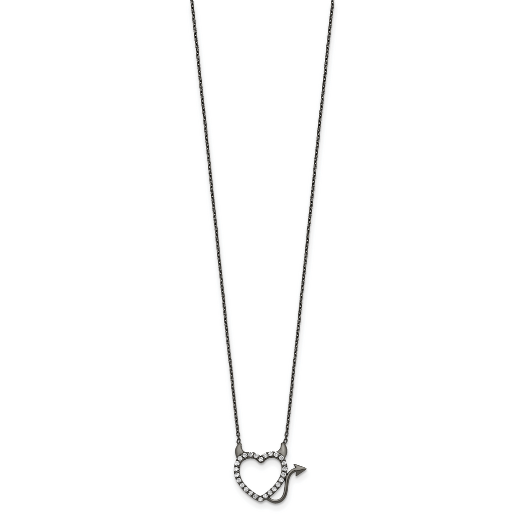 Sterling Silver Black Ruthenium Plated Devil Heart CZ 16 inch Necklace
