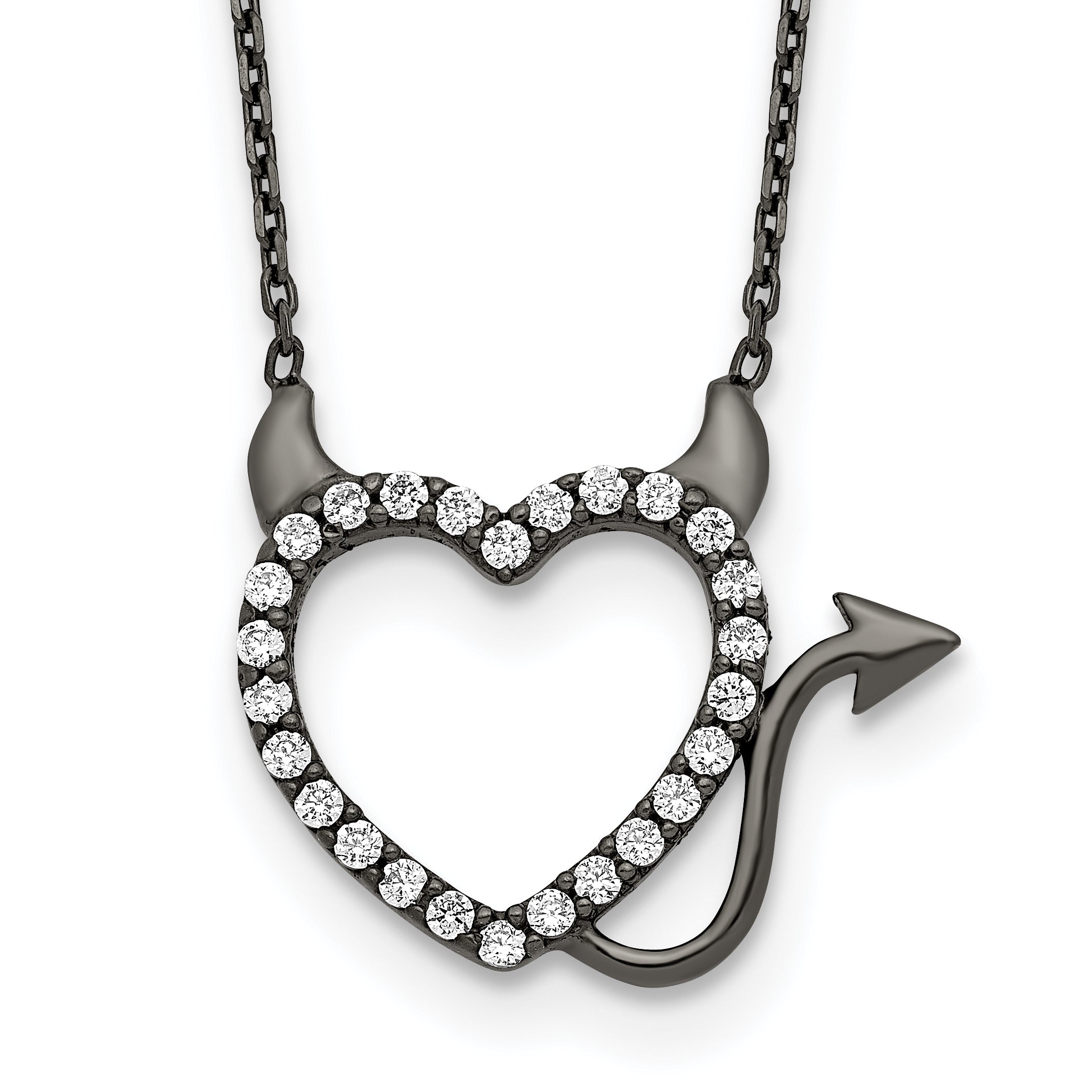 Sterling Silver Black Ruthenium Plated Devil Heart CZ 16 inch Necklace Main image