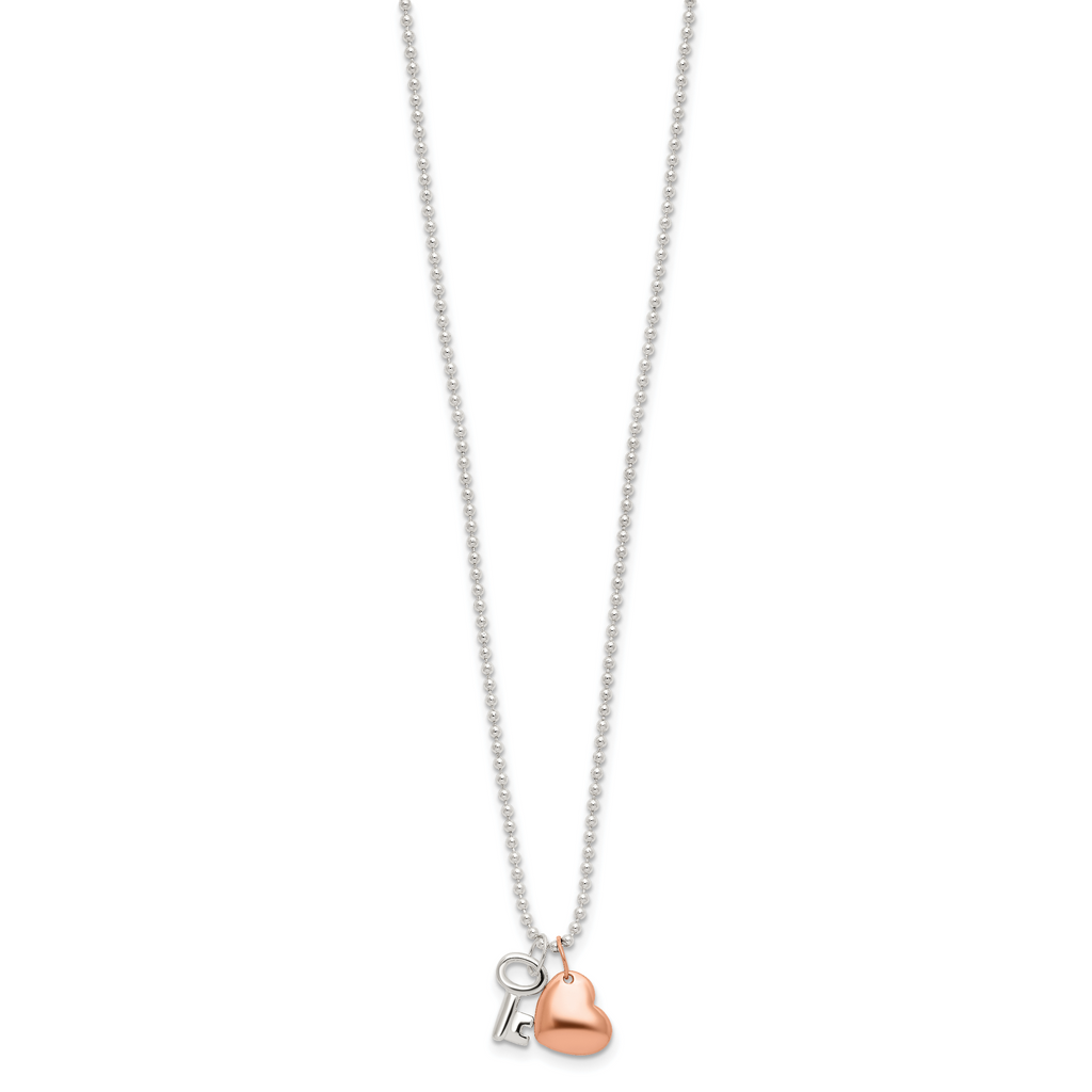 Sterling Silver Rose-tone Heart and Key 19 inch Necklace