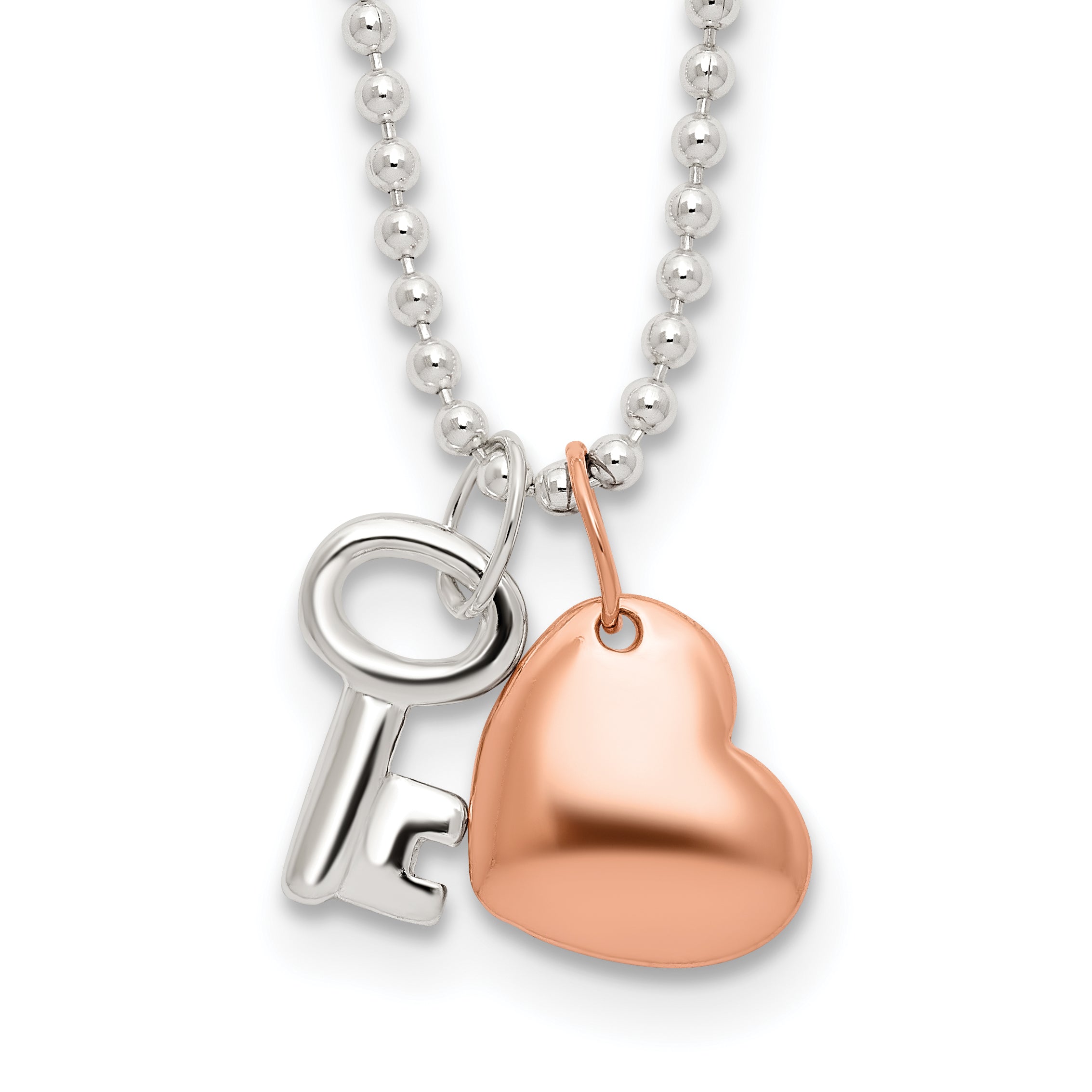 Sterling Silver Rose-tone Heart and Key 19 inch Necklace Main image