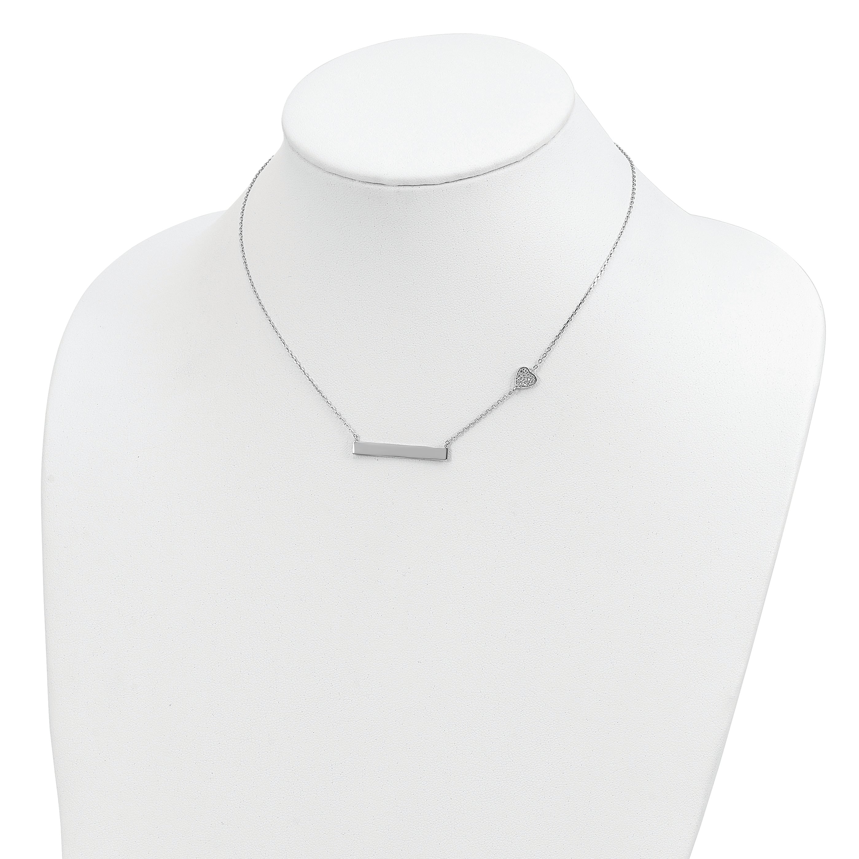 Sterling Silver Rhodium-plated CZ Heart With 2in ext. Bar Necklace