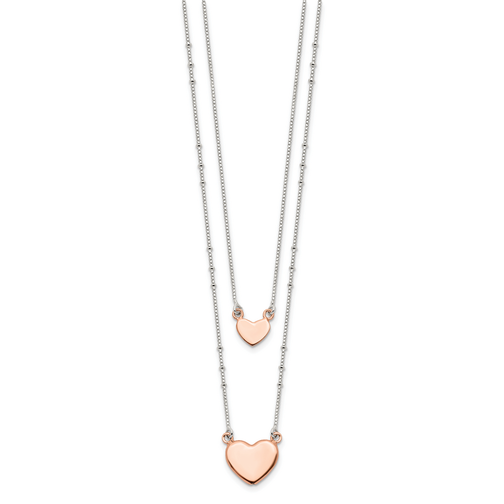Sterling Silver Rose-tone 2-Strand Heart Dangle Necklace