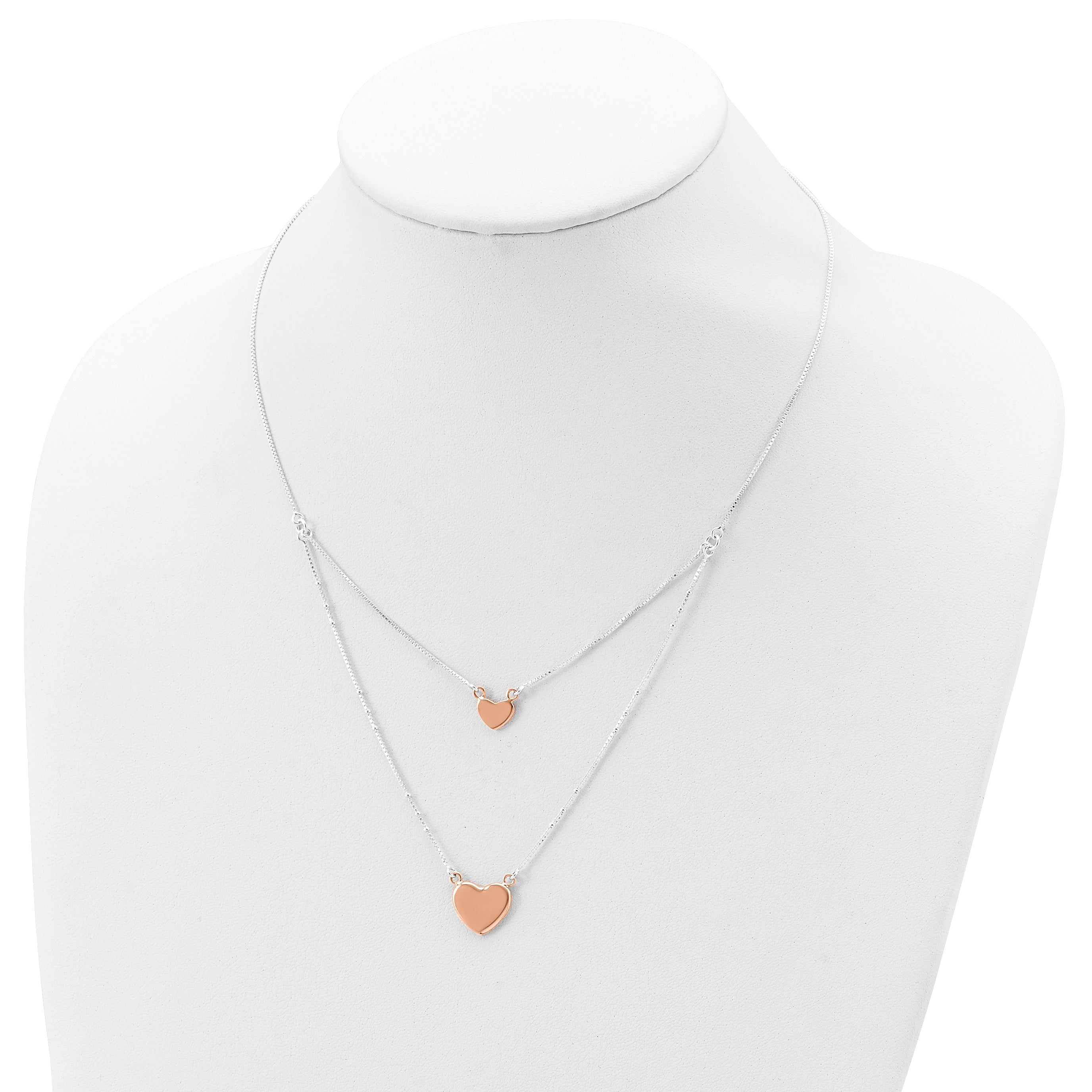 Sterling Silver Rose-tone 2-Strand Heart Dangle Necklace
