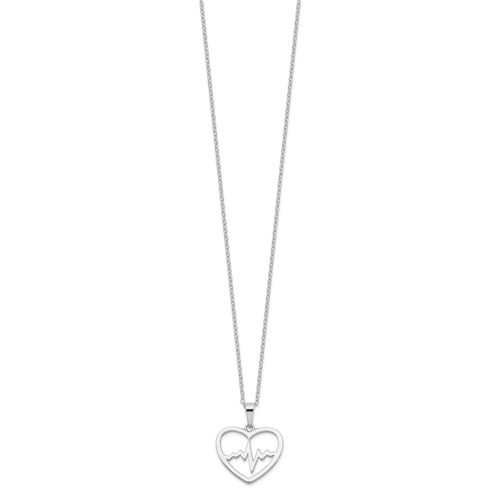 Sterling Silver Rhodium-plated Heartbeat in Heart 16in With 2in Ext Necklace