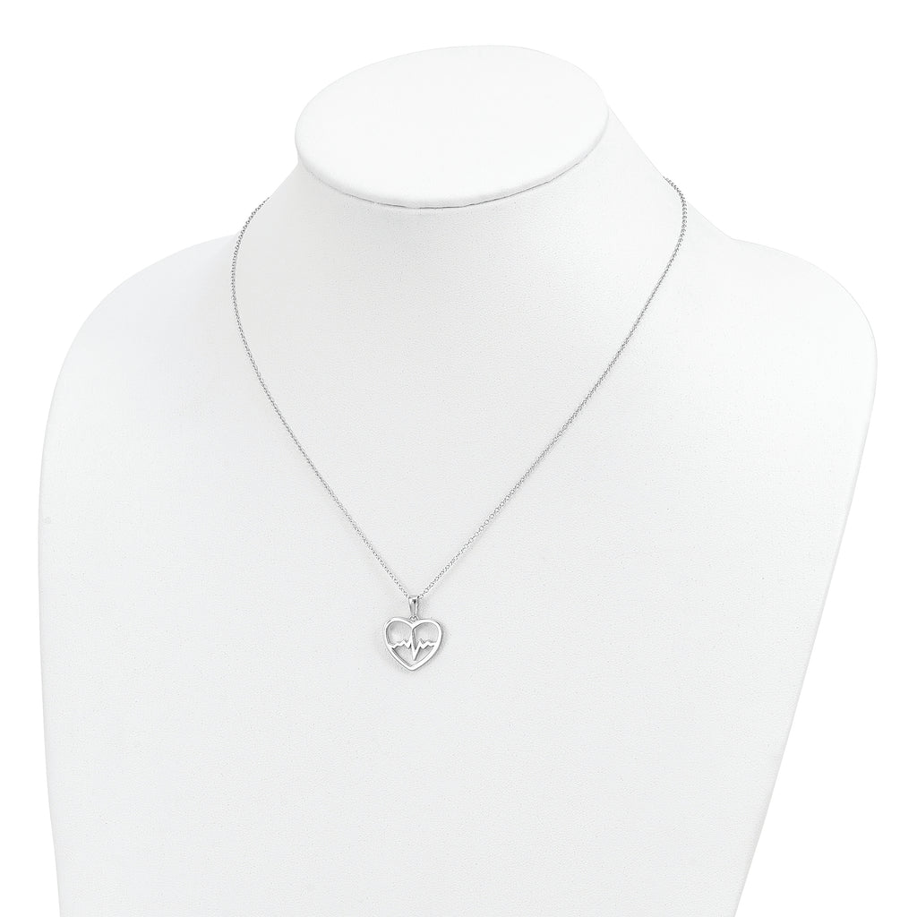 Sterling Silver Rhodium-plated Heartbeat in Heart 16in With 2in Ext Necklace
