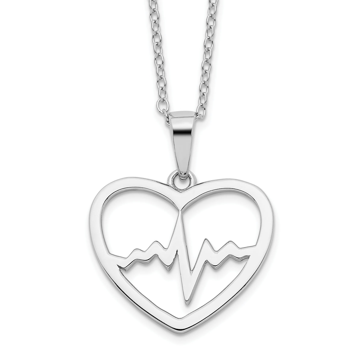 Sterling Silver Rhodium-plated Heartbeat in Heart 16in With 2in Ext Necklace
