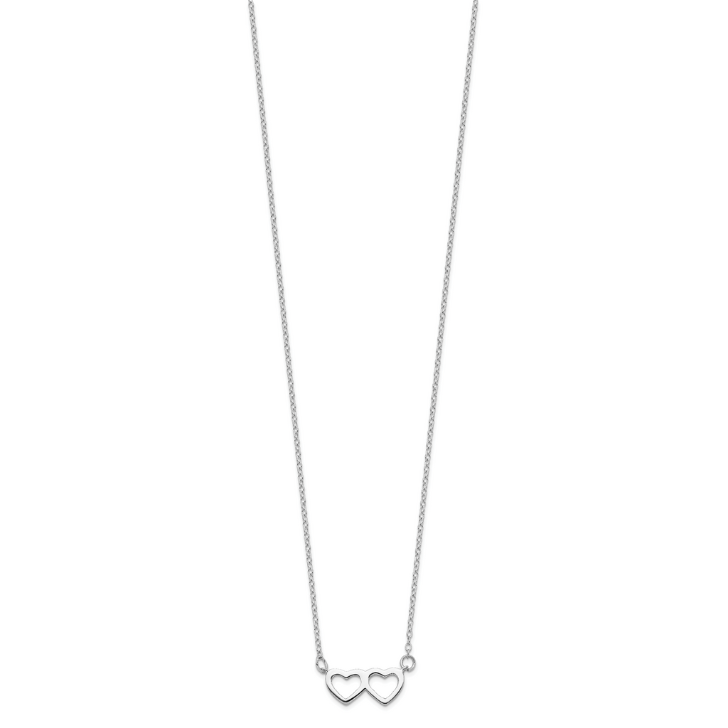 Sterling Silver Rhodium-plated Polished Double Linked Heart 16 inch Necklace with 2 inch extension