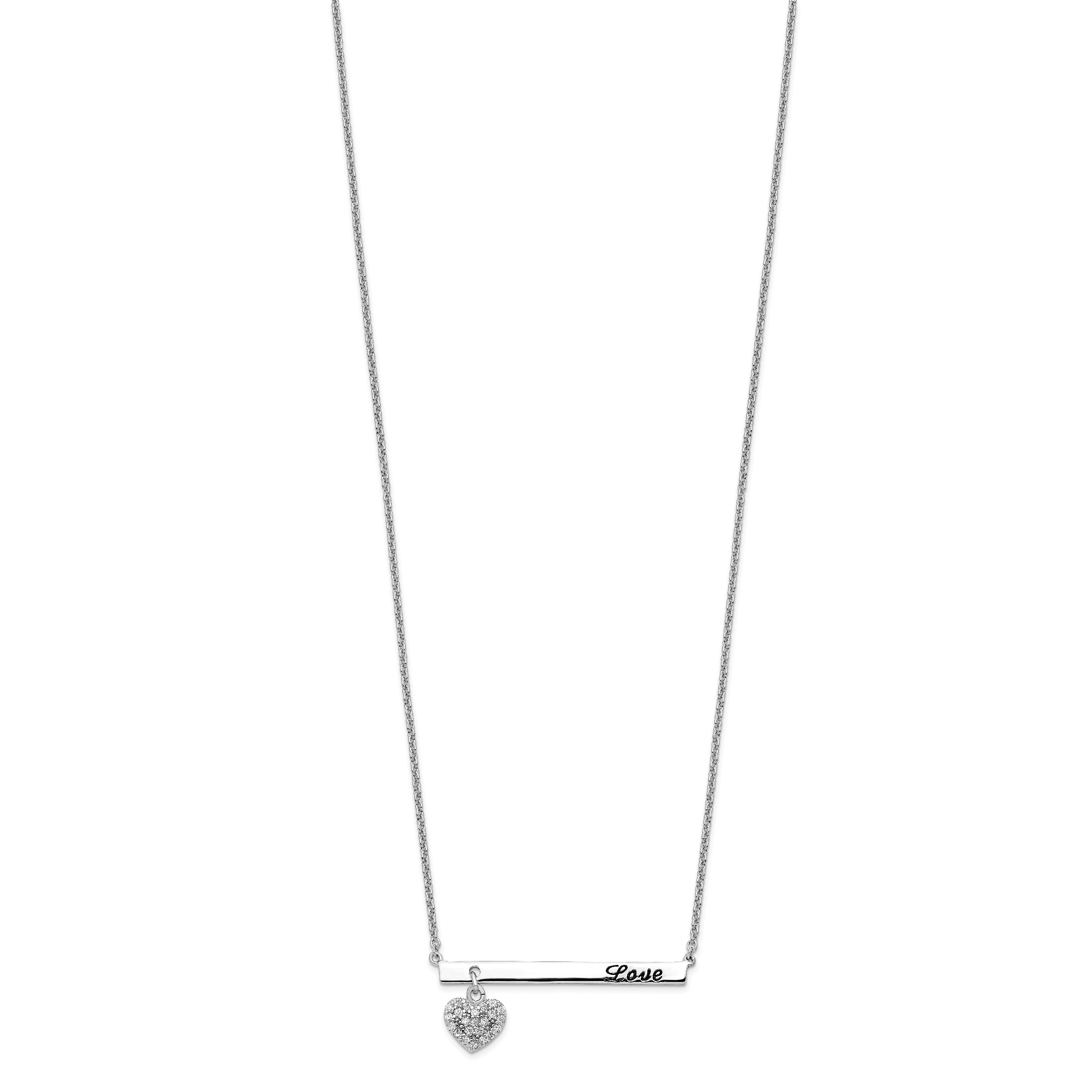 Sterling Silver Rhodium Plated Antiqued LOVE Bar with CZ Heart Dangle 16 inch Necklace Secondary image